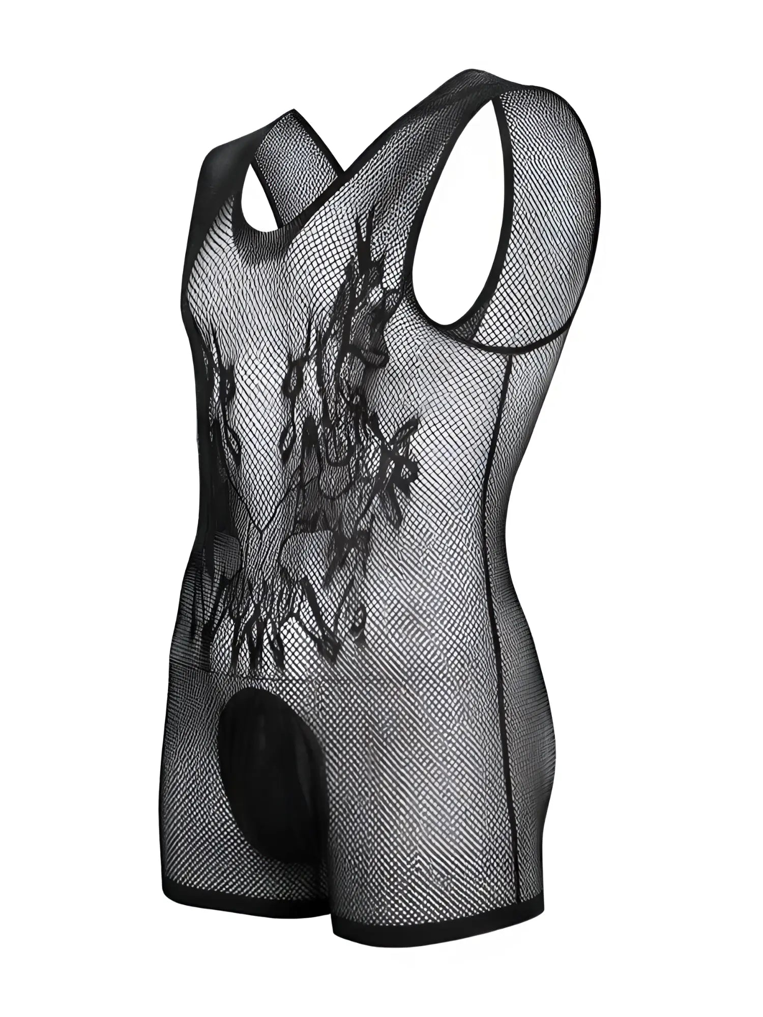 Black mesh bodysuit with skull graphic, racerback style, and opaque pouch, shown on a mannequin torso.