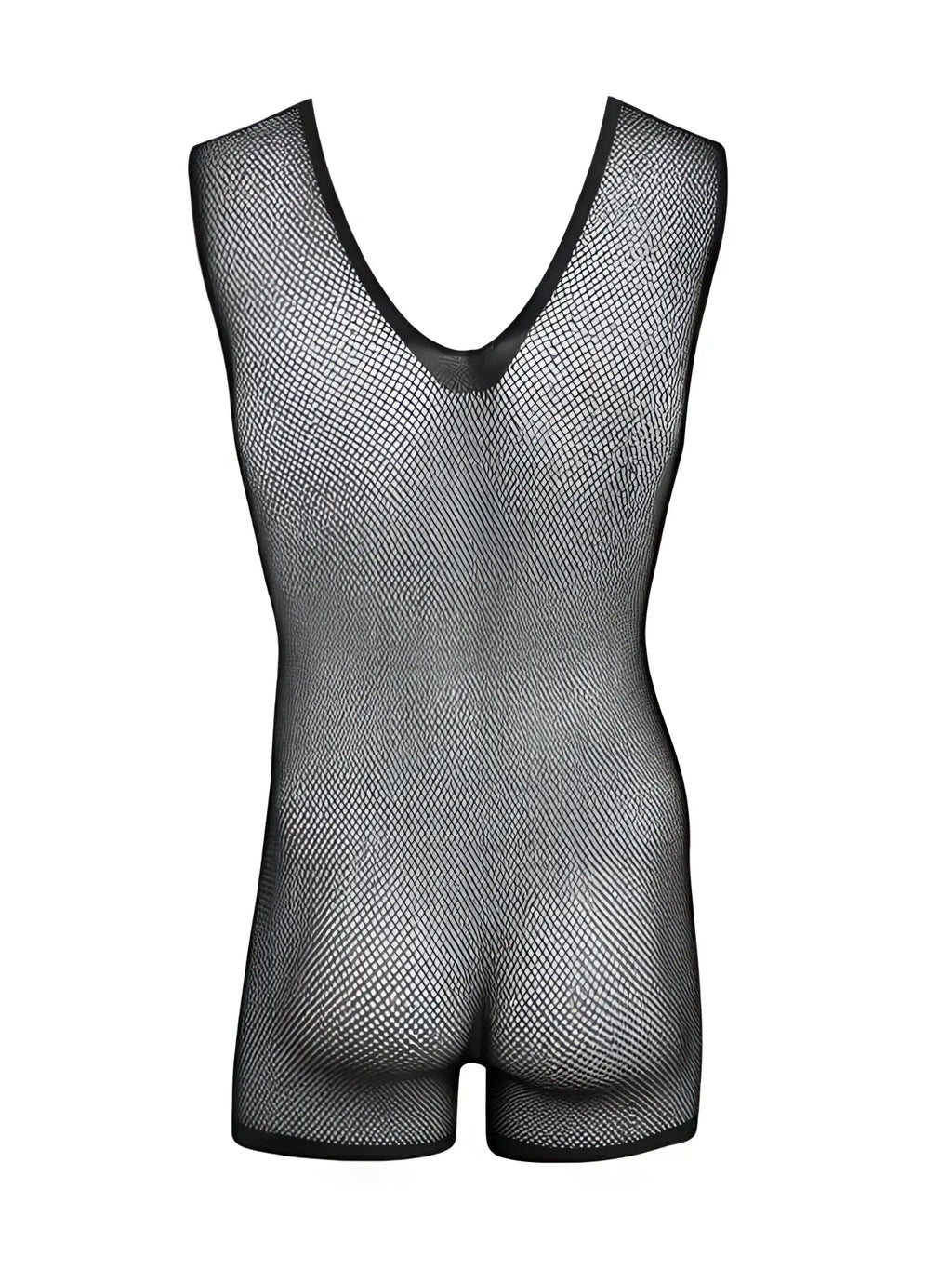 Black sleeveless fishnet bodysuit with a deep V-neckline, shown on a mannequin torso against a white background.