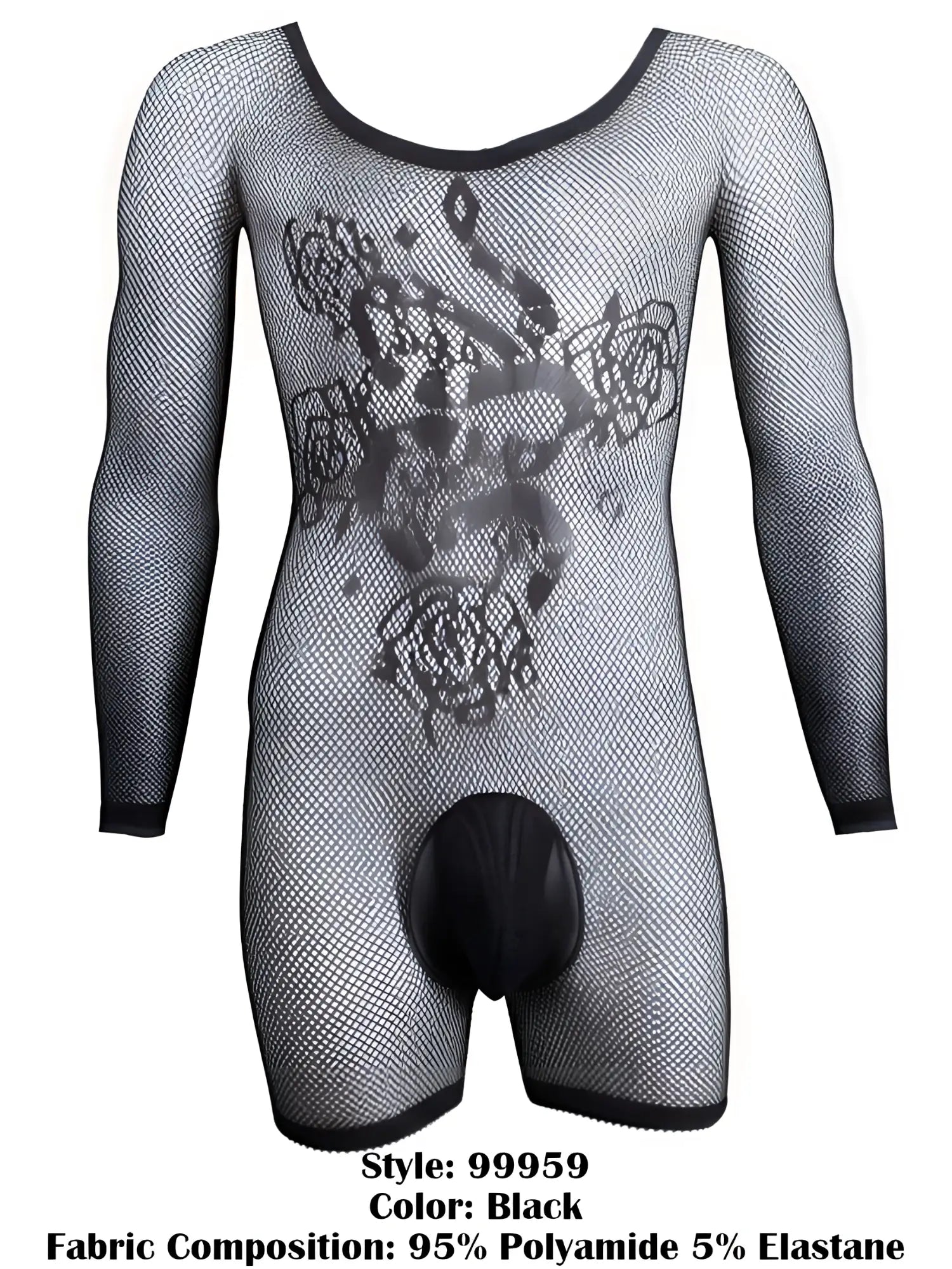 Black mesh long-sleeve bodysuit with floral patterns, scoop neckline, and solid-colored pouch.