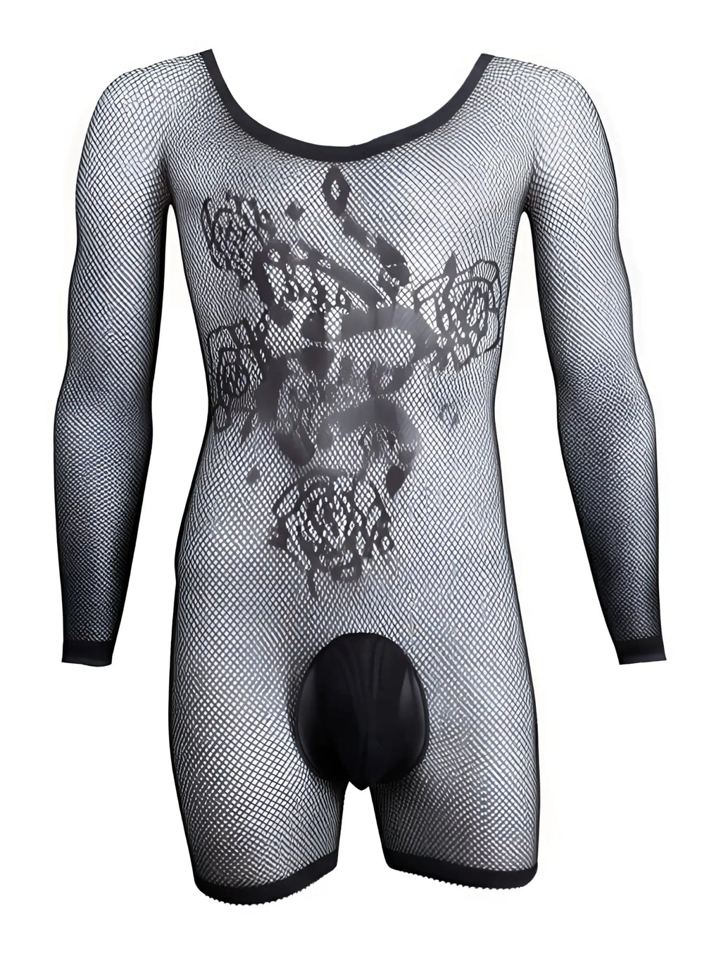 Black mesh long-sleeve bodysuit with floral snake pattern, scoop neck, and solid black pouch front.
