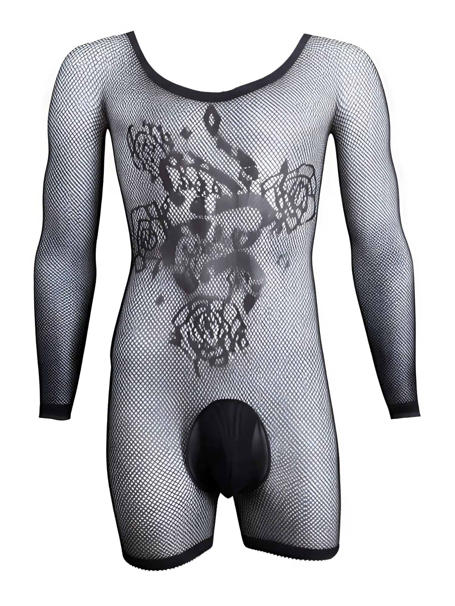 Black mesh long-sleeve bodysuit with floral snake pattern, scoop neck, and solid black pouch front.