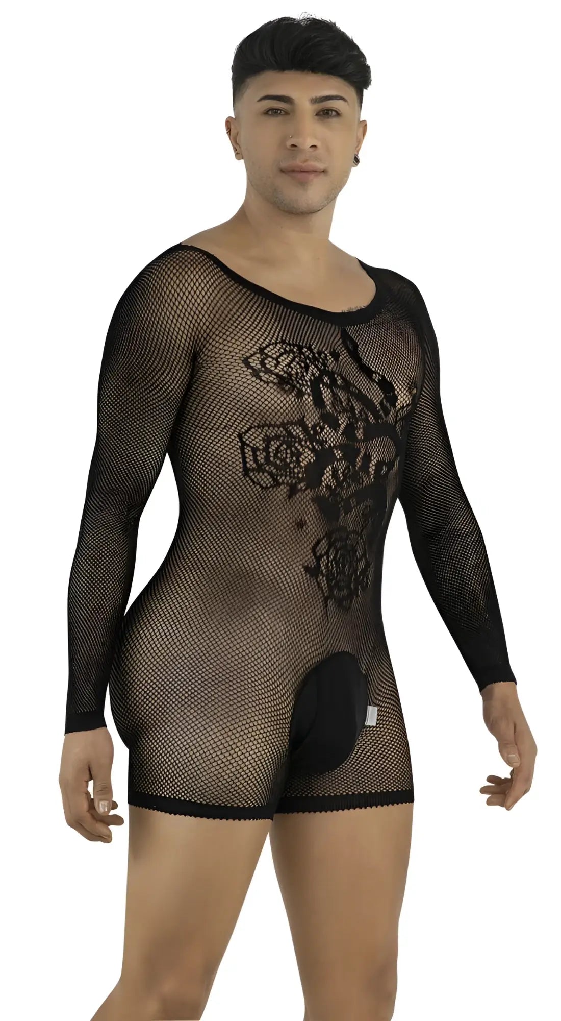 A model wears a black, long-sleeve, fishnet bodysuit featuring a floral pattern and solid pouch detail.