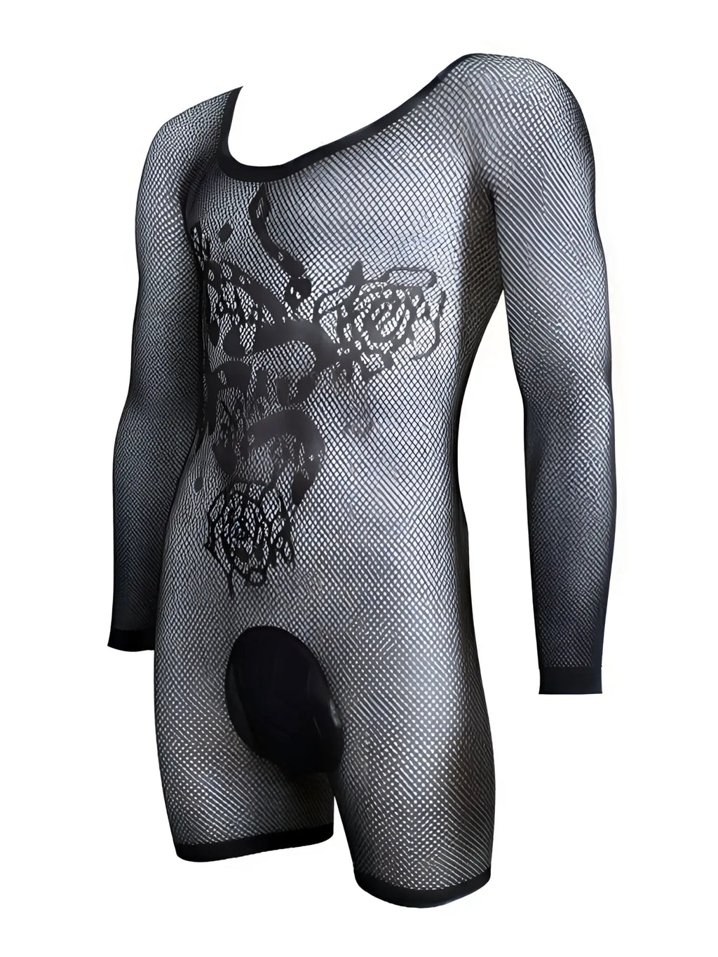 Black mesh long-sleeve bodysuit with a rose and vine design on the chest, displayed on an invisible mannequin.