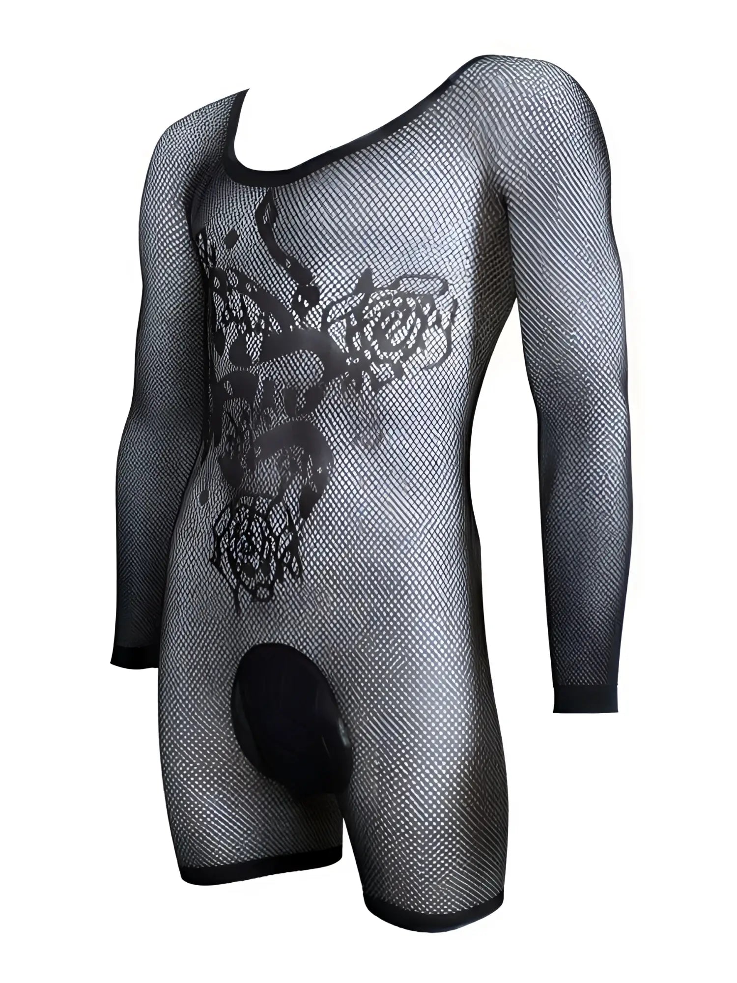 Black mesh long-sleeve bodysuit with a rose and vine design on the chest, displayed on an invisible mannequin.