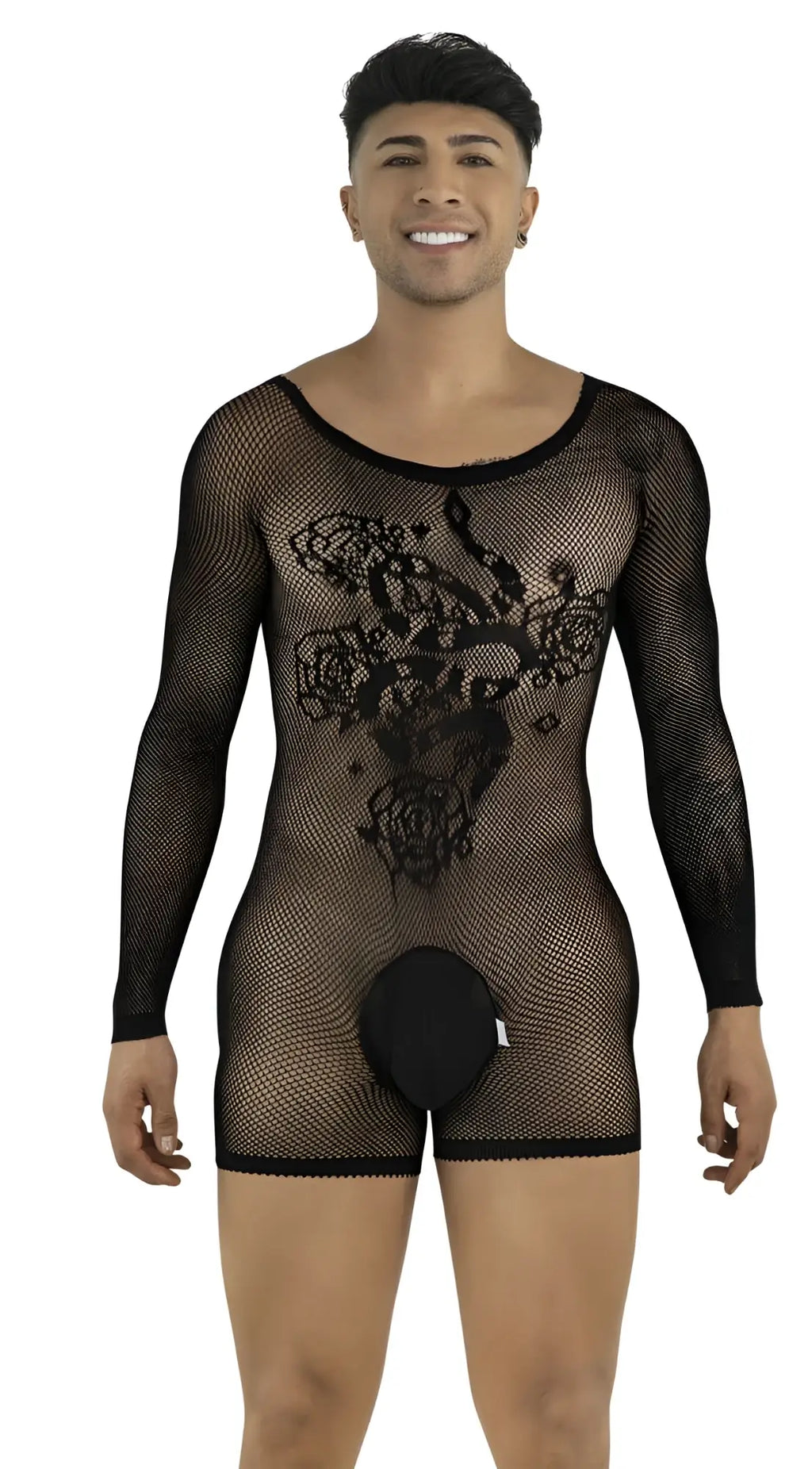 A man wears a black long-sleeve fishnet bodysuit with floral snake patterns and an opaque front pouch.