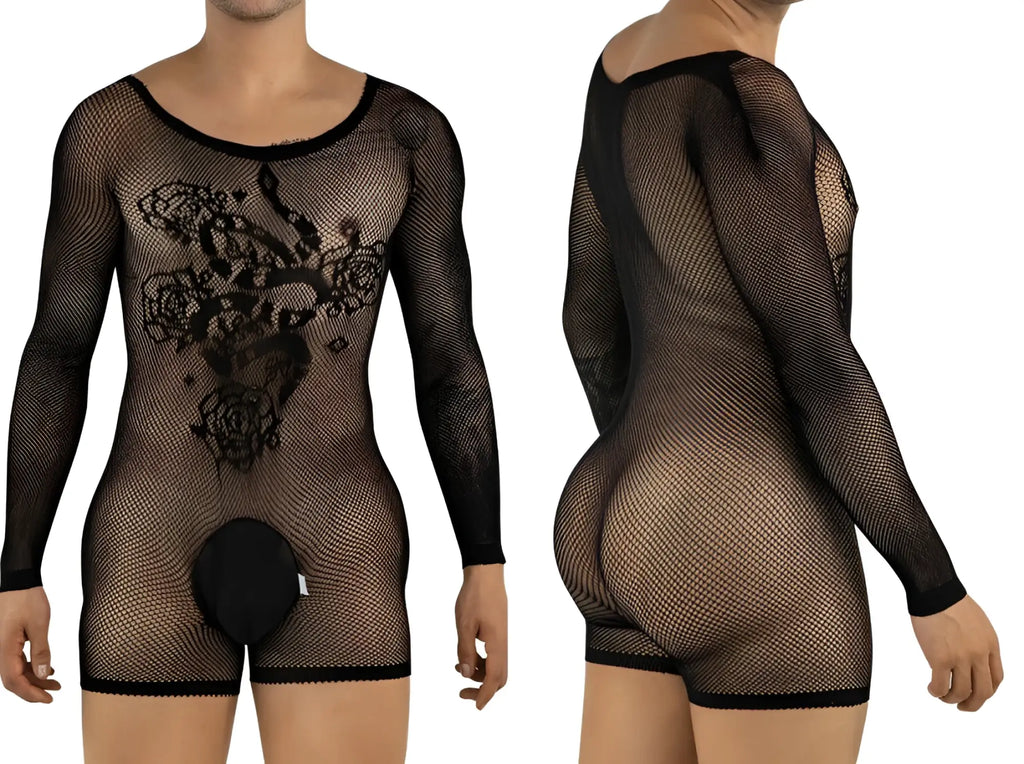 Front and back view of a black long-sleeve fishnet bodysuit with floral chest pattern and pouch detail.