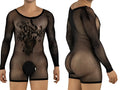 Front and back view of a black long-sleeve fishnet bodysuit with floral chest pattern and pouch detail.