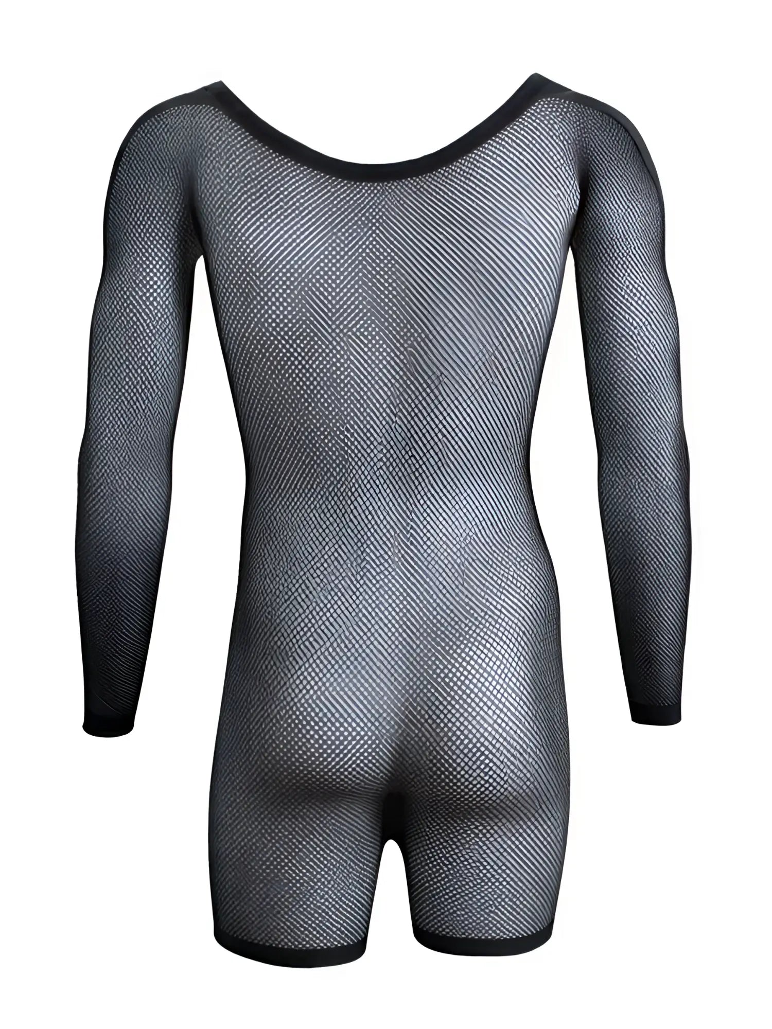 Black long-sleeve fishnet bodysuit with a round neckline, shown from behind on a ghost mannequin.