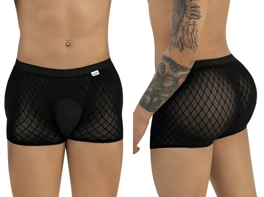 Front and side view of a model wearing black, diamond-pattern mesh CandyMan boxer briefs with an opaque front pouch.