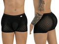 Front and side view of a model wearing black, diamond-pattern mesh CandyMan boxer briefs with an opaque front pouch.