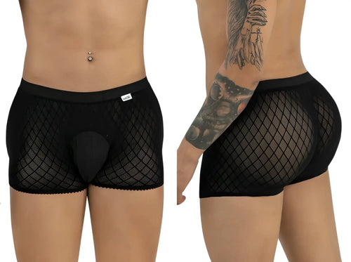 Front and side view of a model wearing black, diamond-pattern mesh CandyMan boxer briefs with an opaque front pouch.