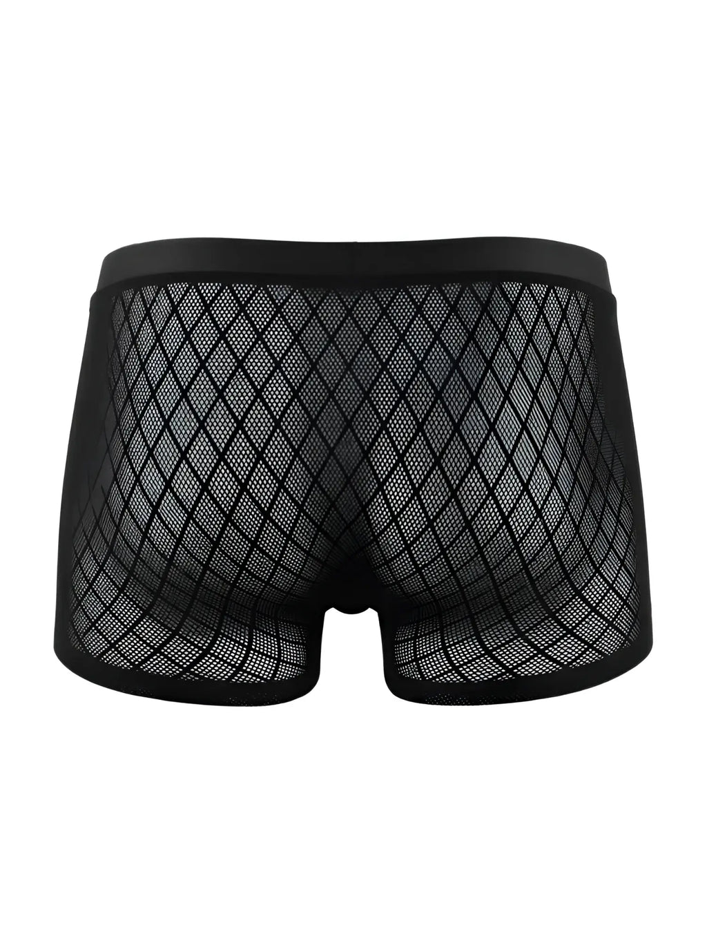 Black CandyMan boxer briefs made of sheer, diamond-patterned mesh with a solid elastic waistband.