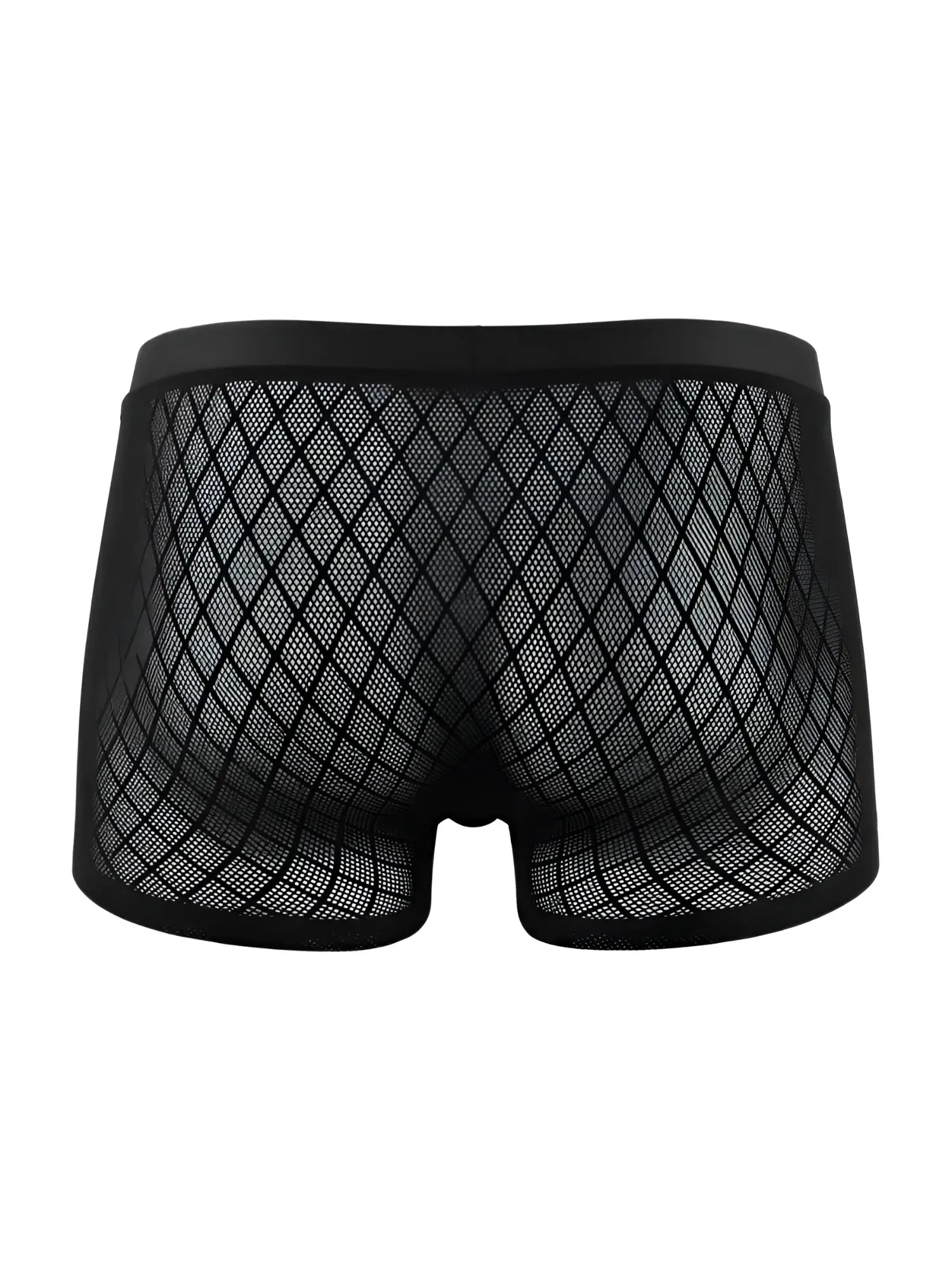 Black CandyMan boxer briefs made of sheer, diamond-patterned mesh with a solid elastic waistband.