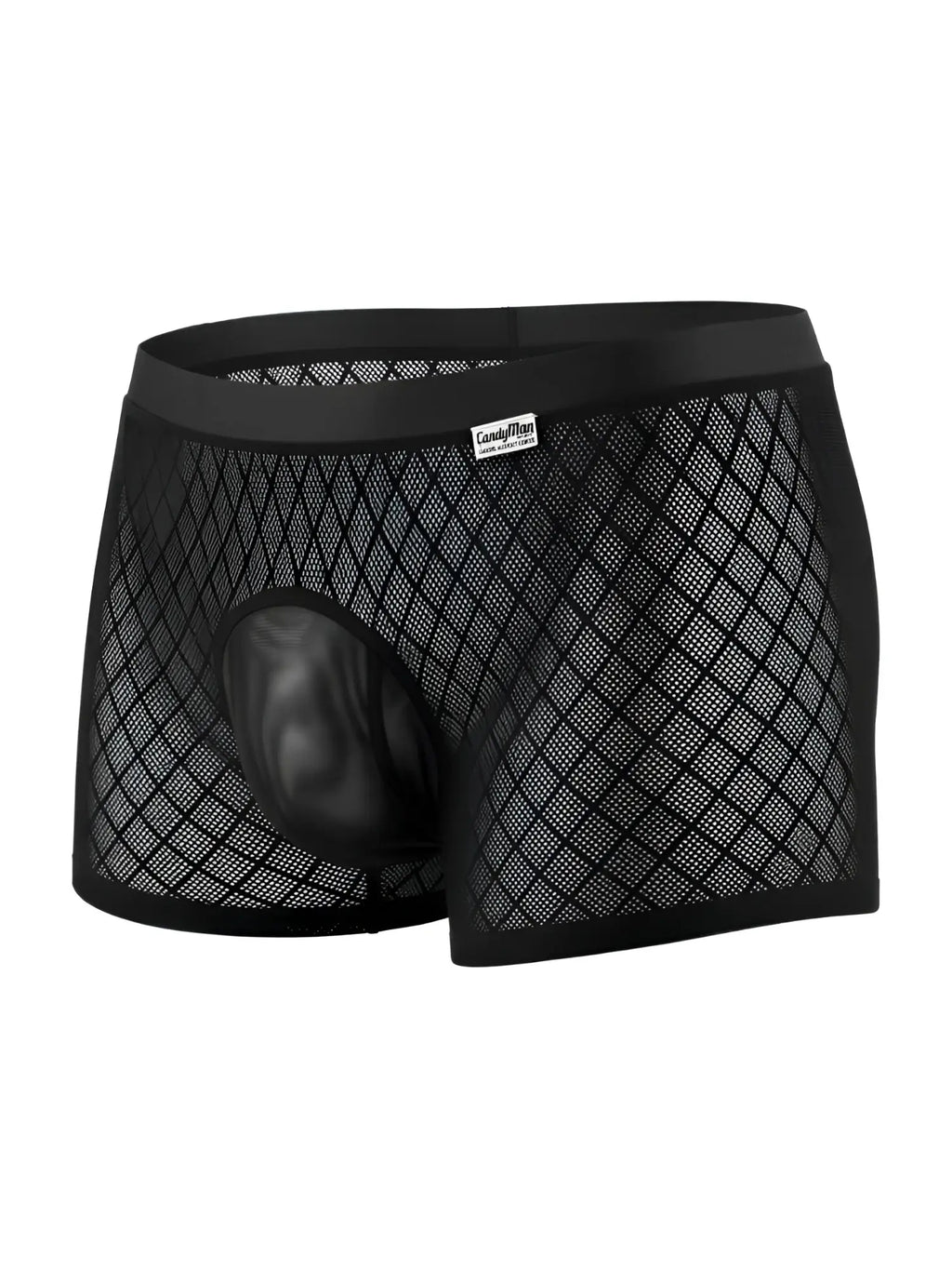 Black CandyMan boxer briefs in a diamond-pattern mesh fabric with a solid contoured front pouch.