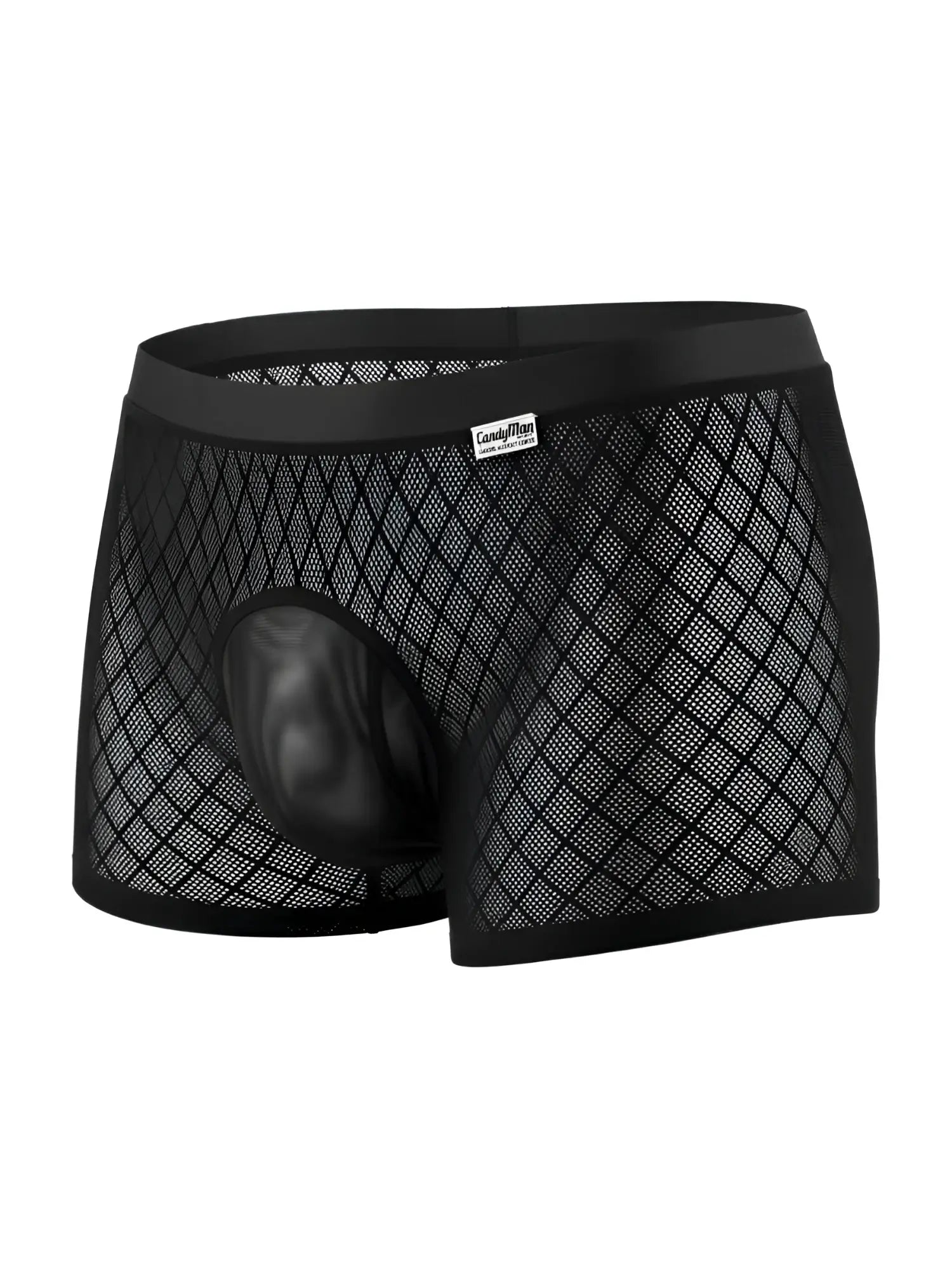 Black CandyMan boxer briefs in a diamond-pattern mesh fabric with a solid contoured front pouch.