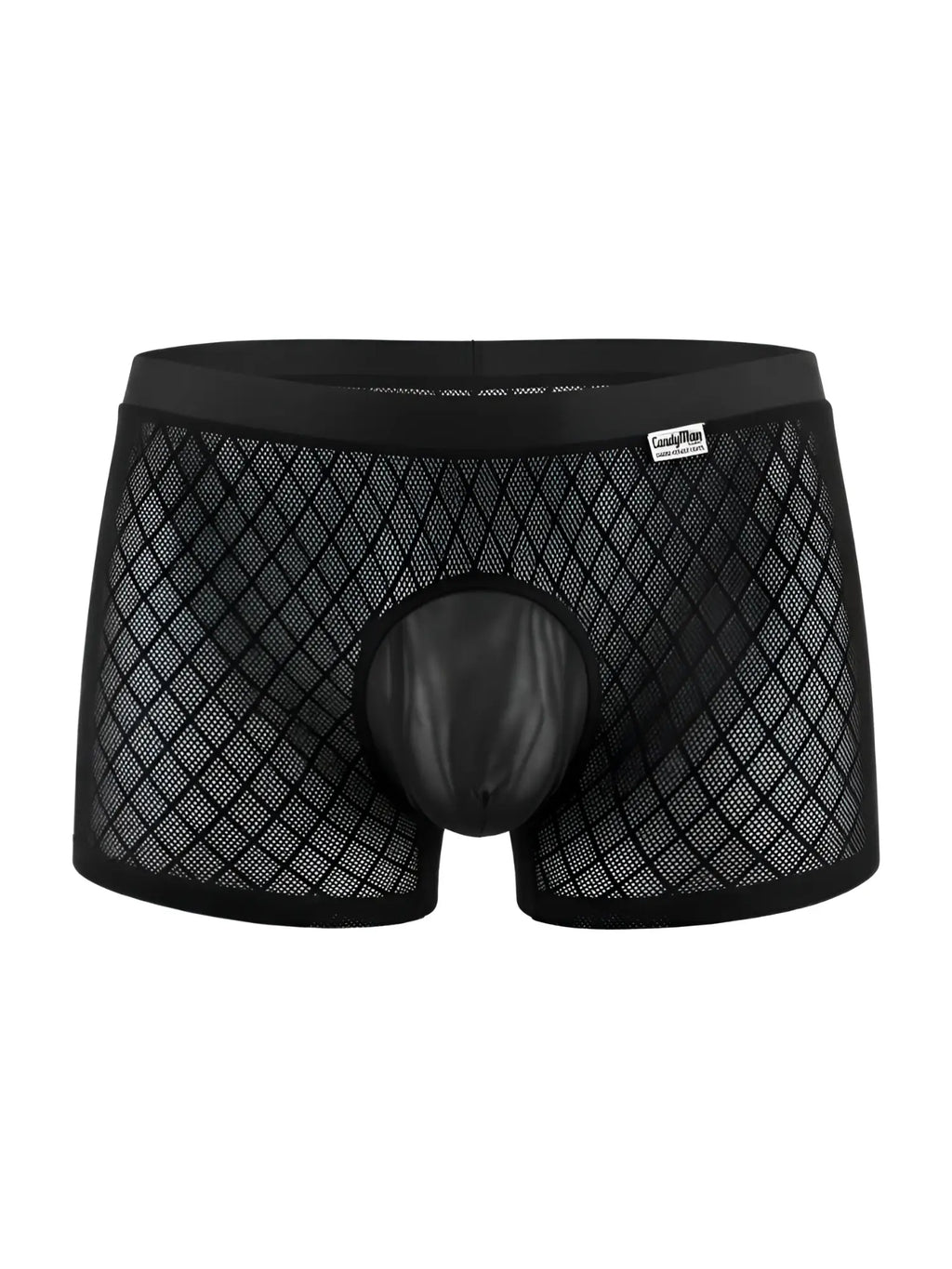 Black CandyMan boxer briefs in a diamond-pattern mesh fabric with a solid opaque pouch and waistband.