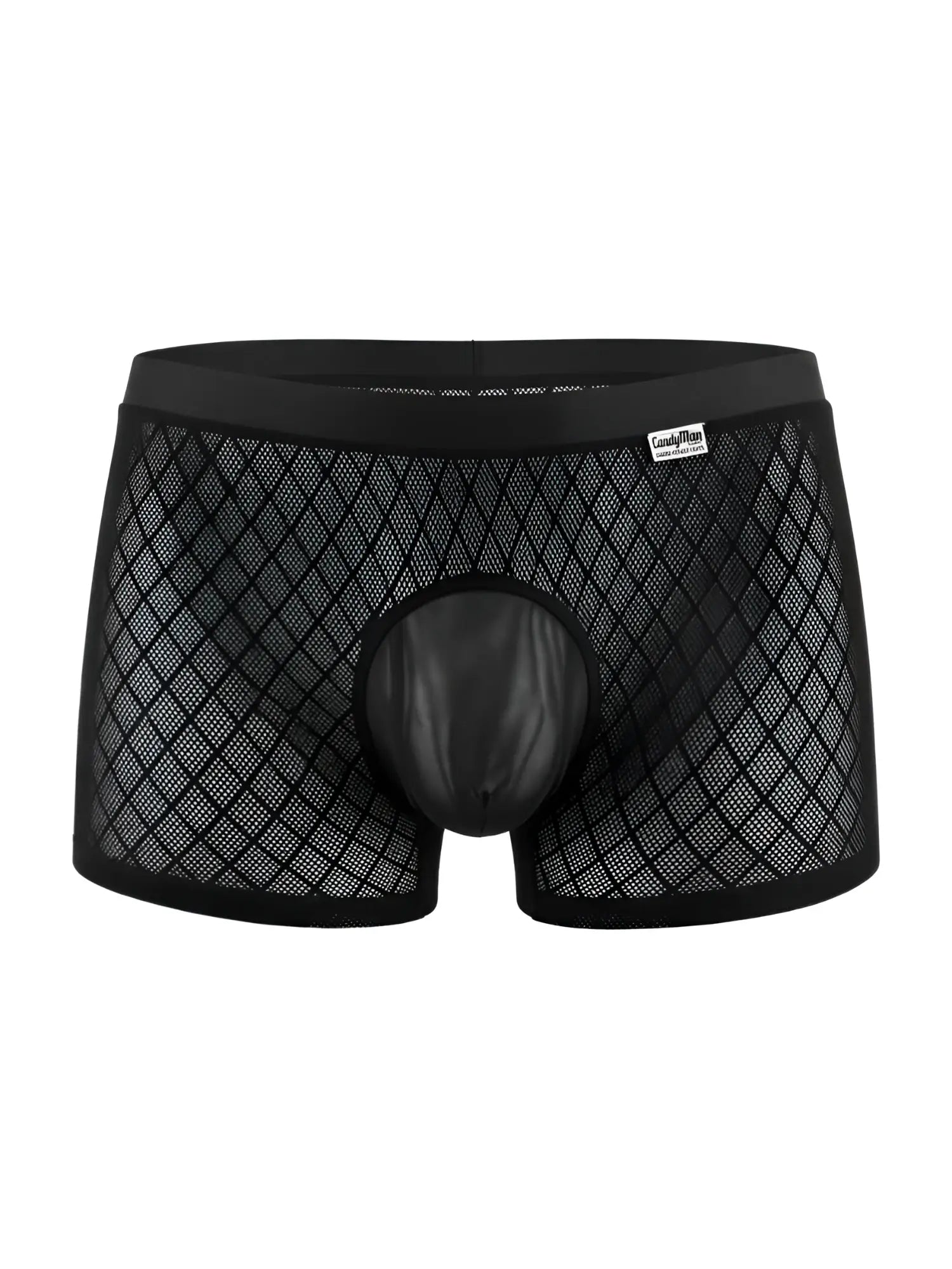 Black CandyMan boxer briefs in a diamond-pattern mesh fabric with a solid opaque pouch and waistband.
