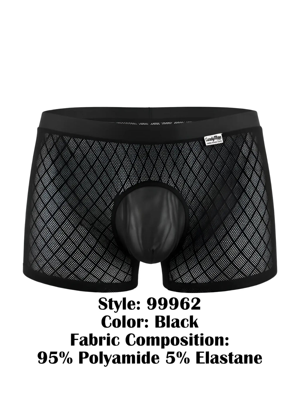 Black CandyMan boxer briefs in a diamond-pattern mesh fabric with a solid opaque pouch and branded waistband.