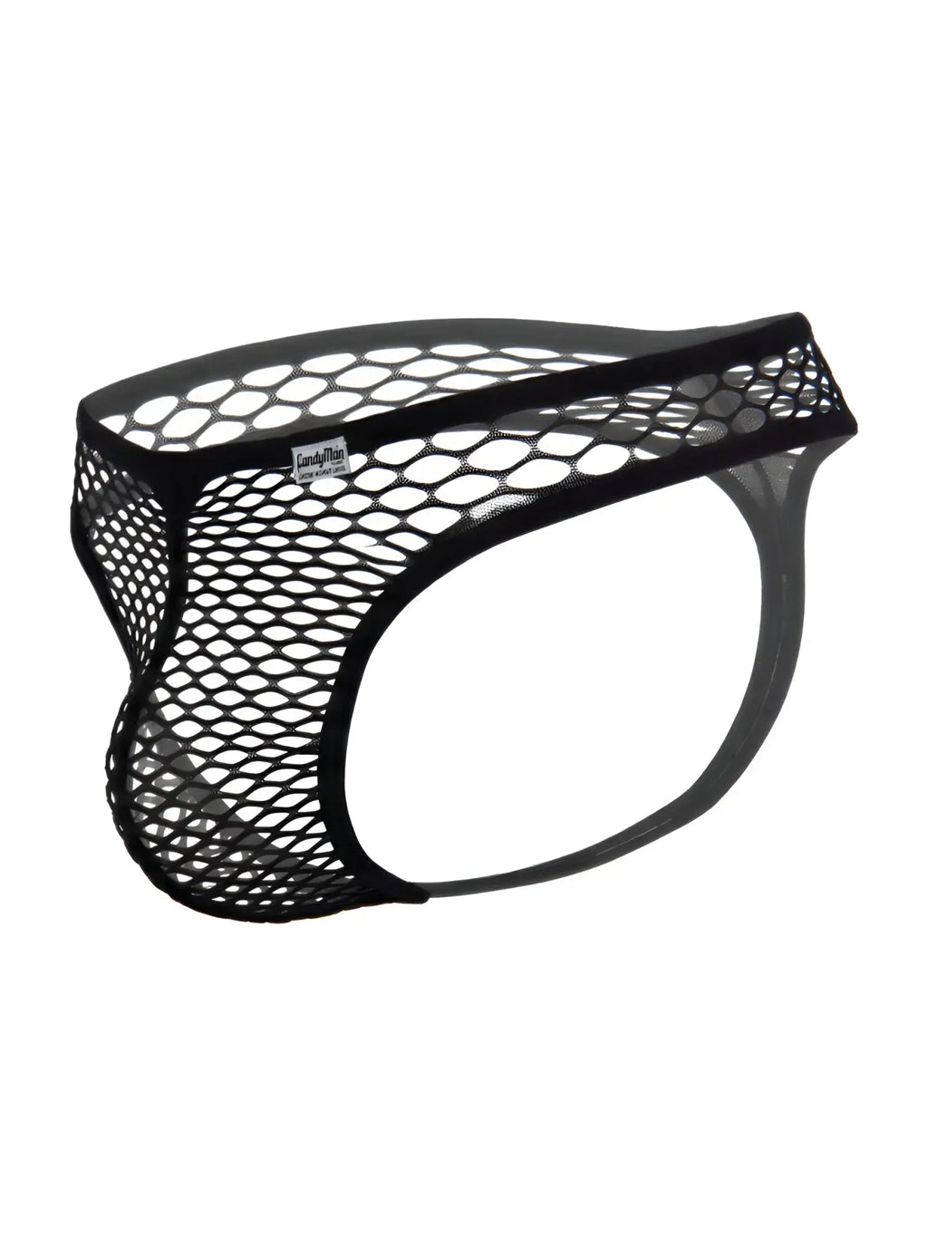 Black CandyMan thong in a sheer, large-hole fishnet mesh fabric, displayed against a plain white background.