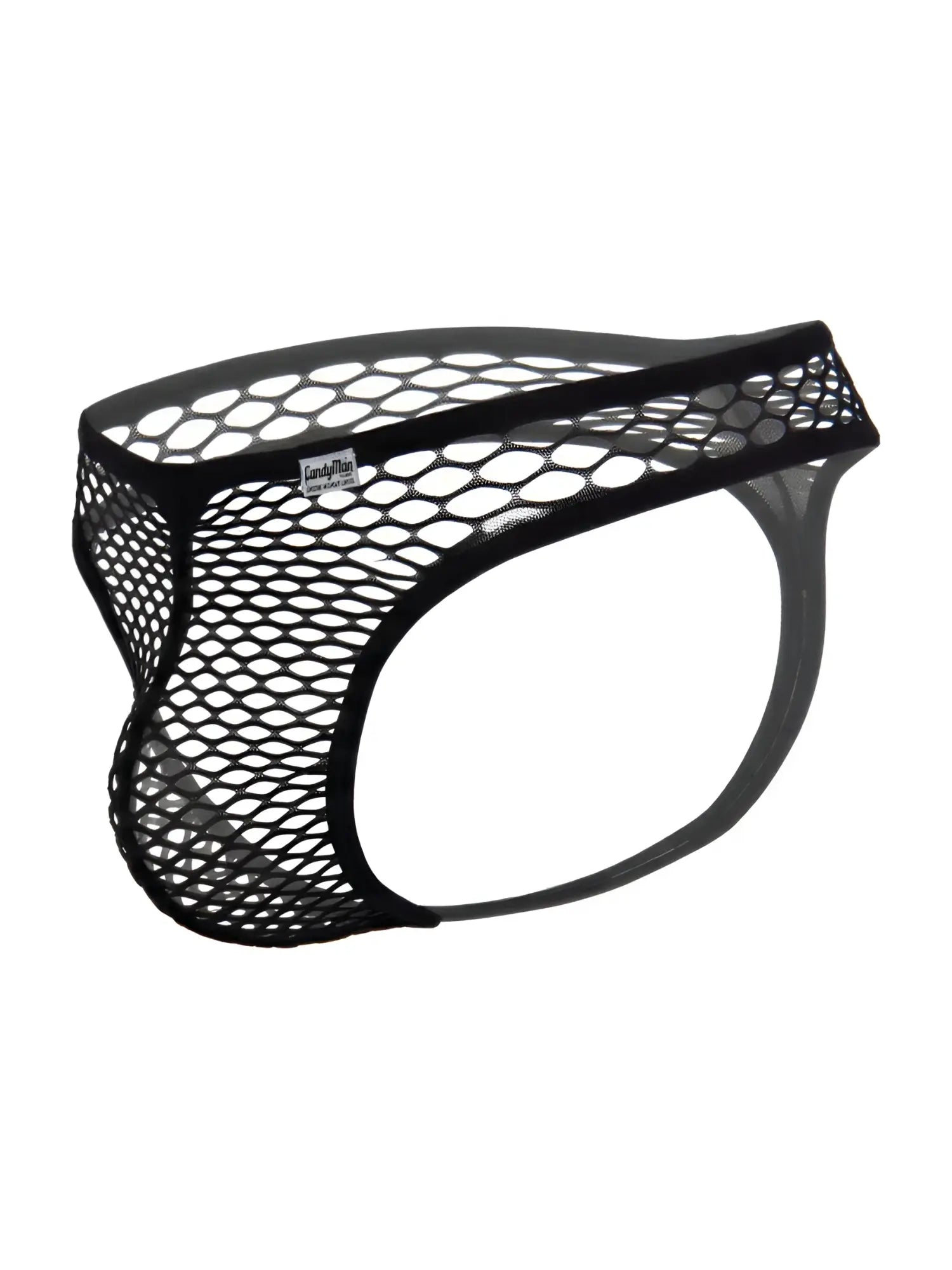 Black CandyMan thong in a sheer, large-hole fishnet mesh fabric, displayed against a plain white background.