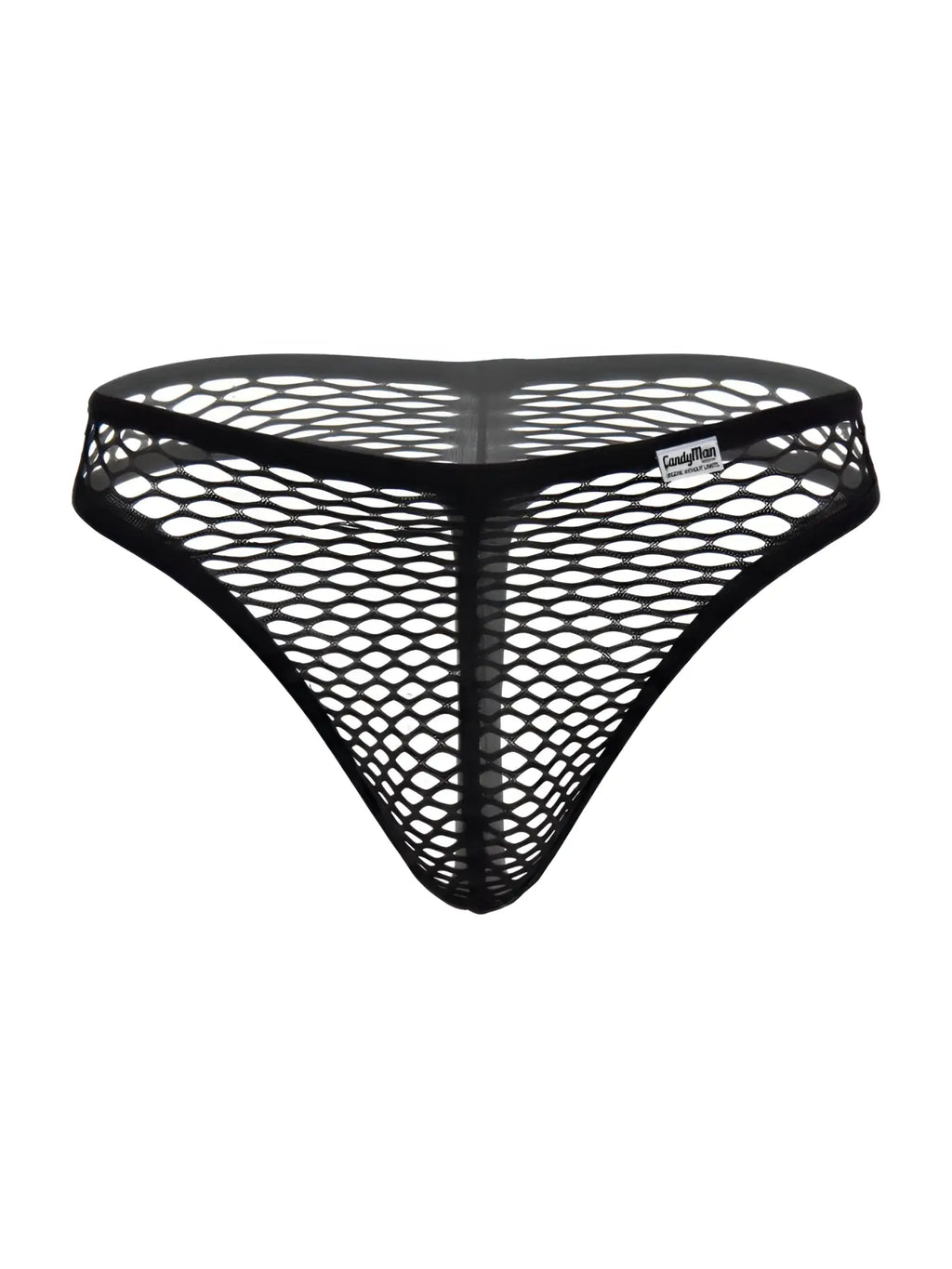 Black CandyMan 99963 thong in a sheer, large-hole fishnet mesh fabric with a solid elastic waistband.