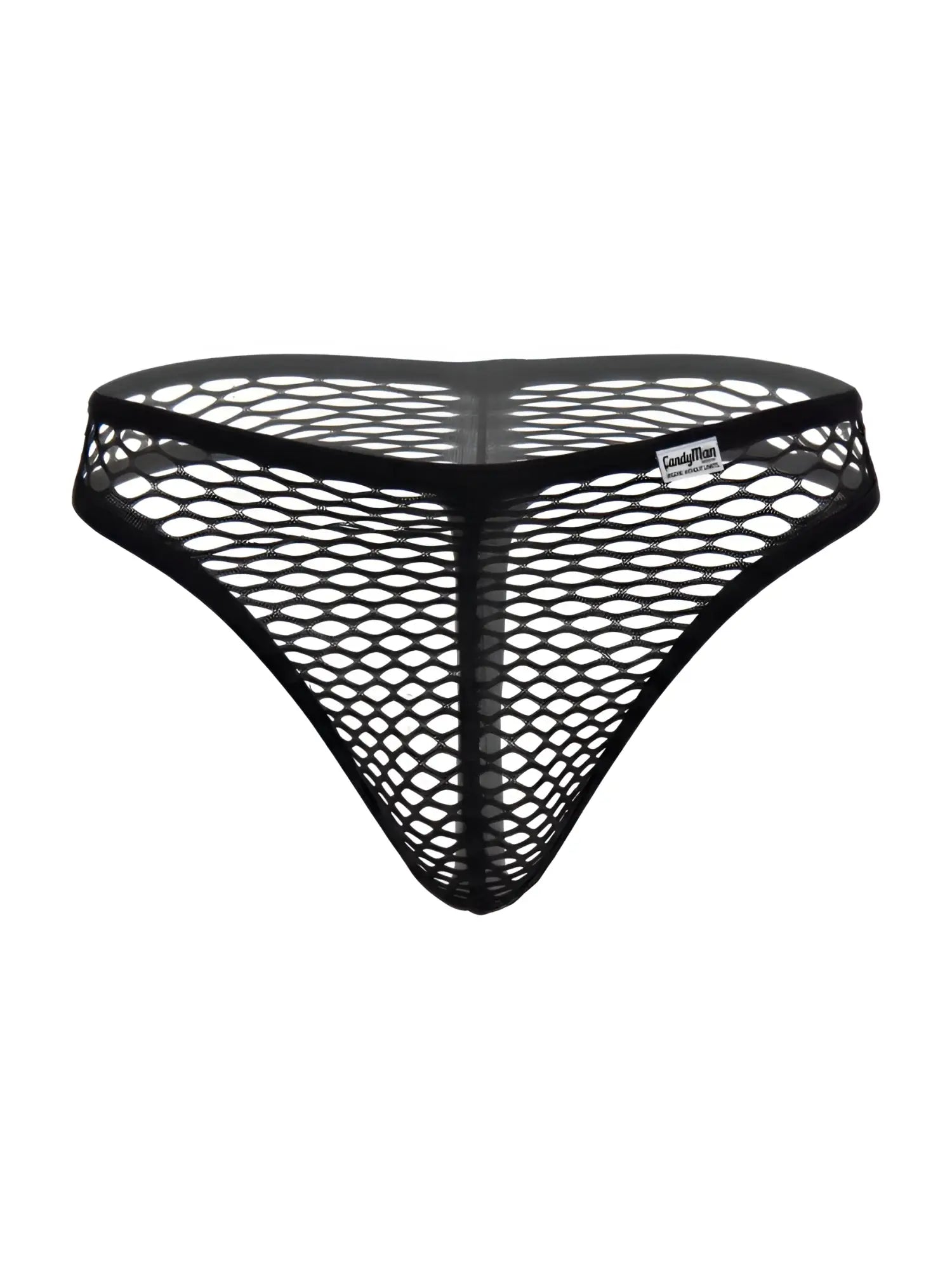Black CandyMan 99963 thong in a sheer, large-hole fishnet mesh fabric with a solid elastic waistband.