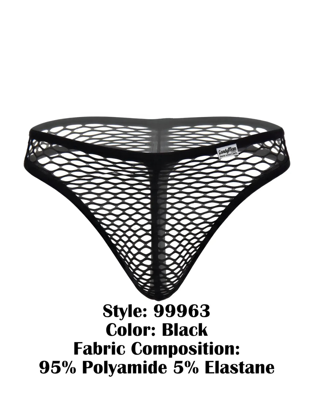 Black CandyMan 99963 thong made of sheer, open-weave fishnet fabric with a solid black elastic waistband.