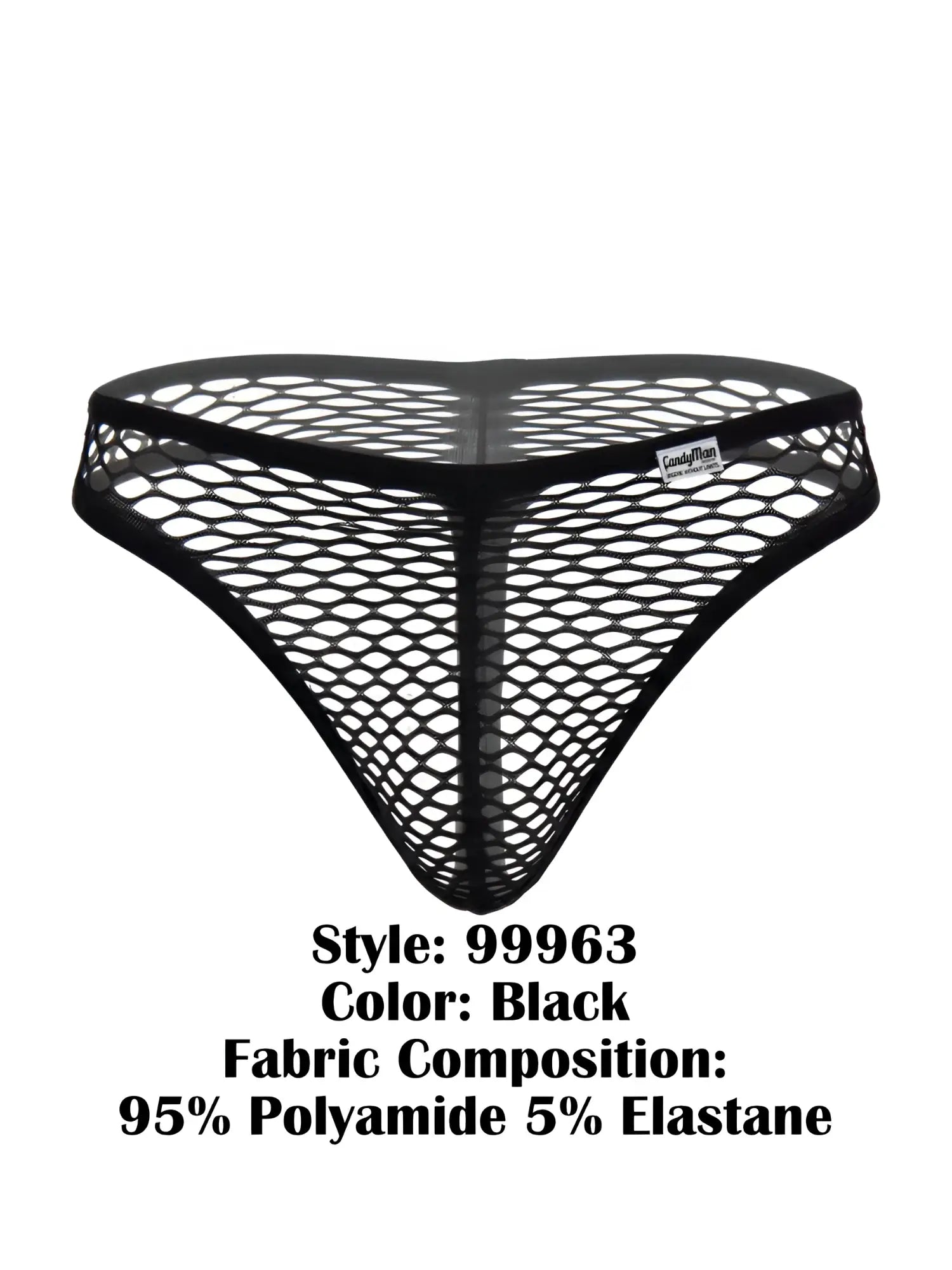 Black CandyMan 99963 thong made of sheer, open-weave fishnet fabric with a solid black elastic waistband.