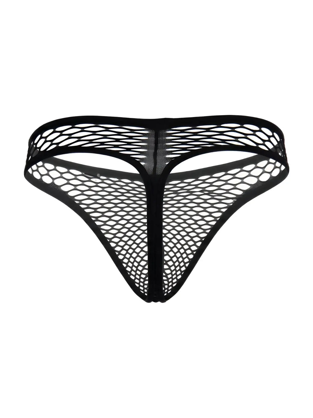 Black CandyMan thong in a sheer, stretchy fishnet mesh fabric, displayed against a white background.