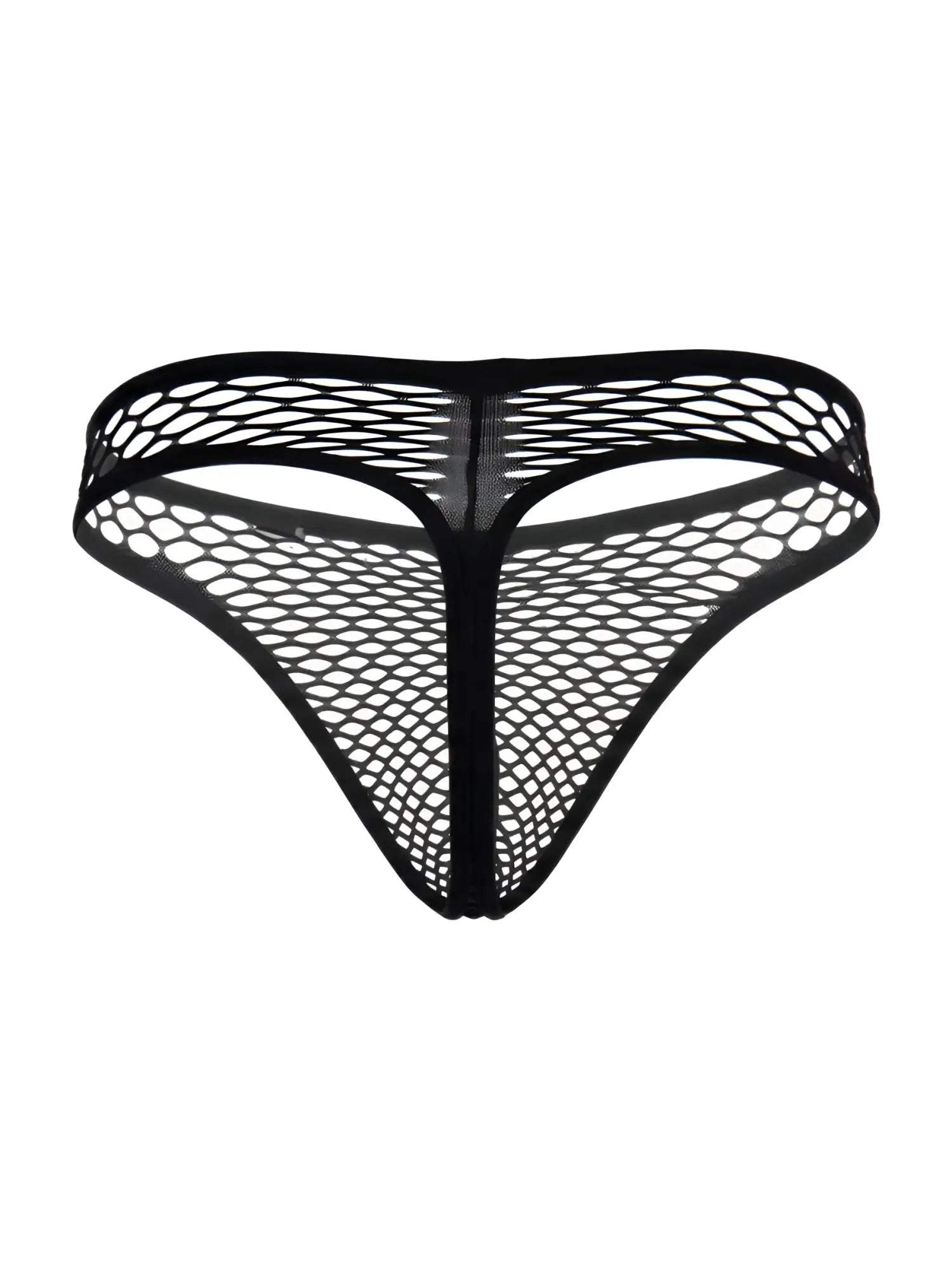 Black CandyMan thong in a sheer, stretchy fishnet mesh fabric, displayed against a white background.