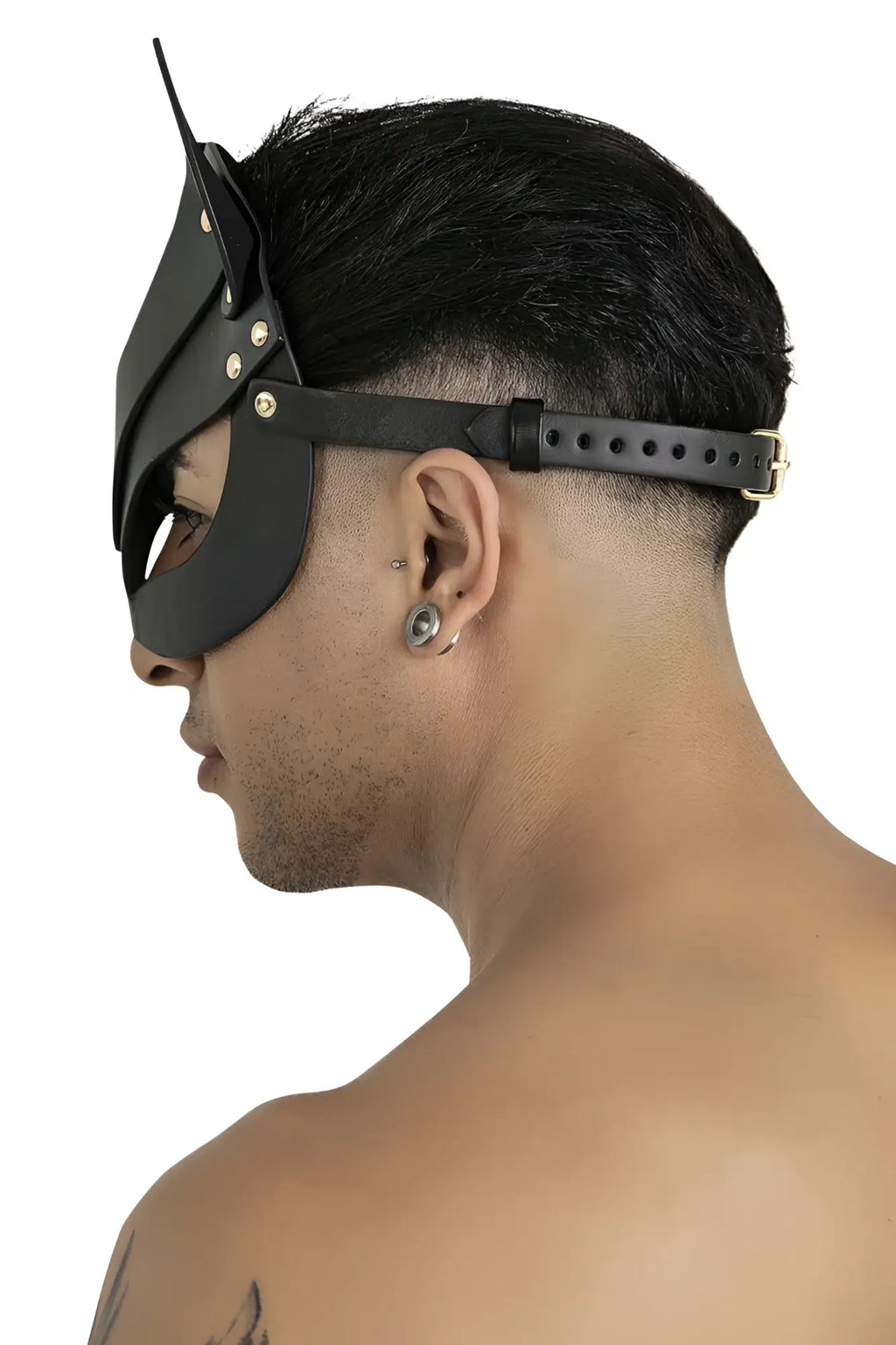 Black leather cat-eared eye mask candyMan 99965 with metallic rivets and adjustable strap in black color