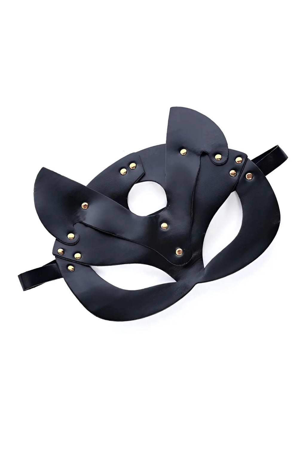 Black leather CandyMan 99965 eye mask with gold-tone studs and adjustable straps for comfortable fit