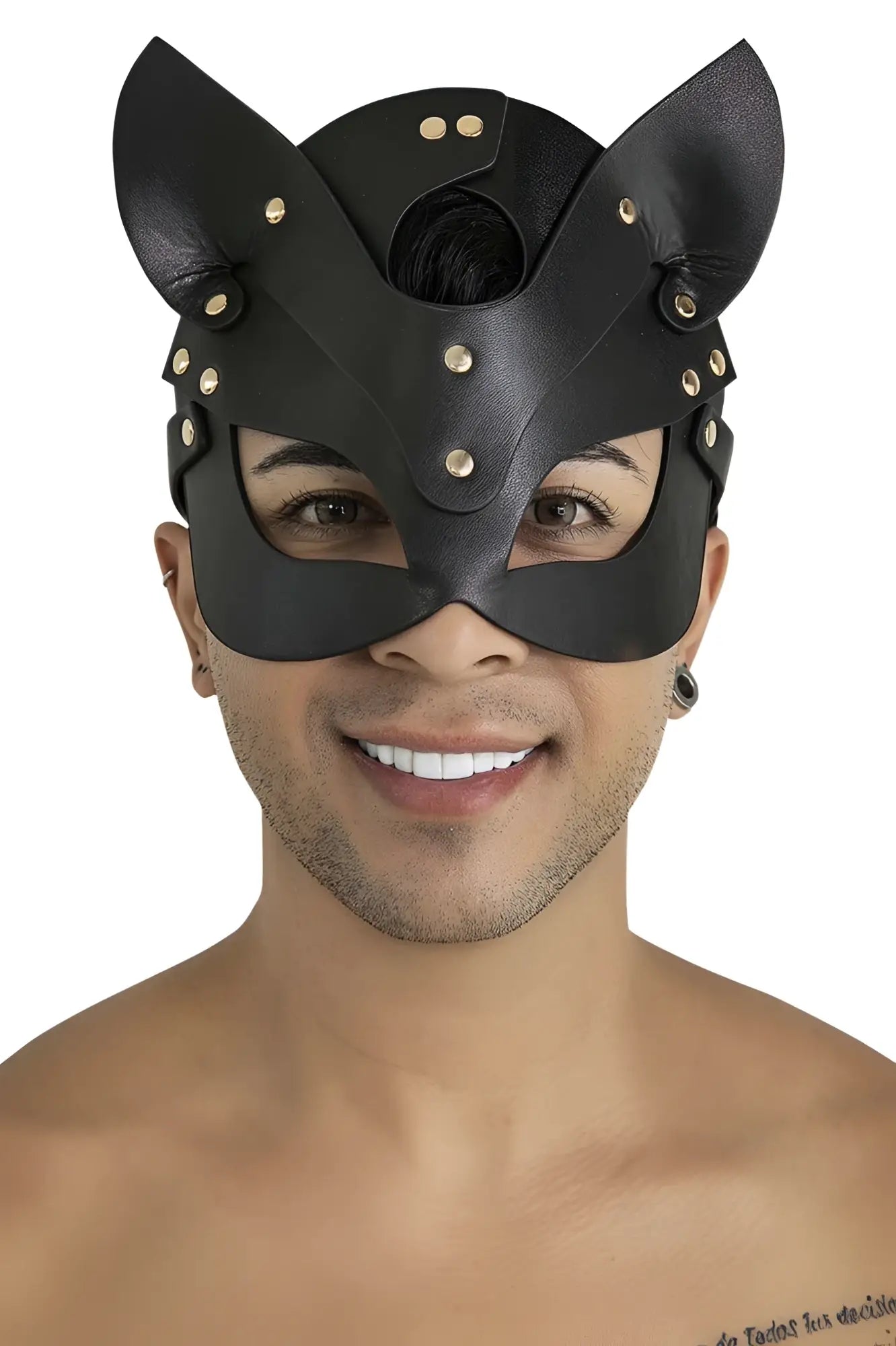 Black leather cat mask with gold-tone studs and pointed ears candyMan 99965 eye mask color black