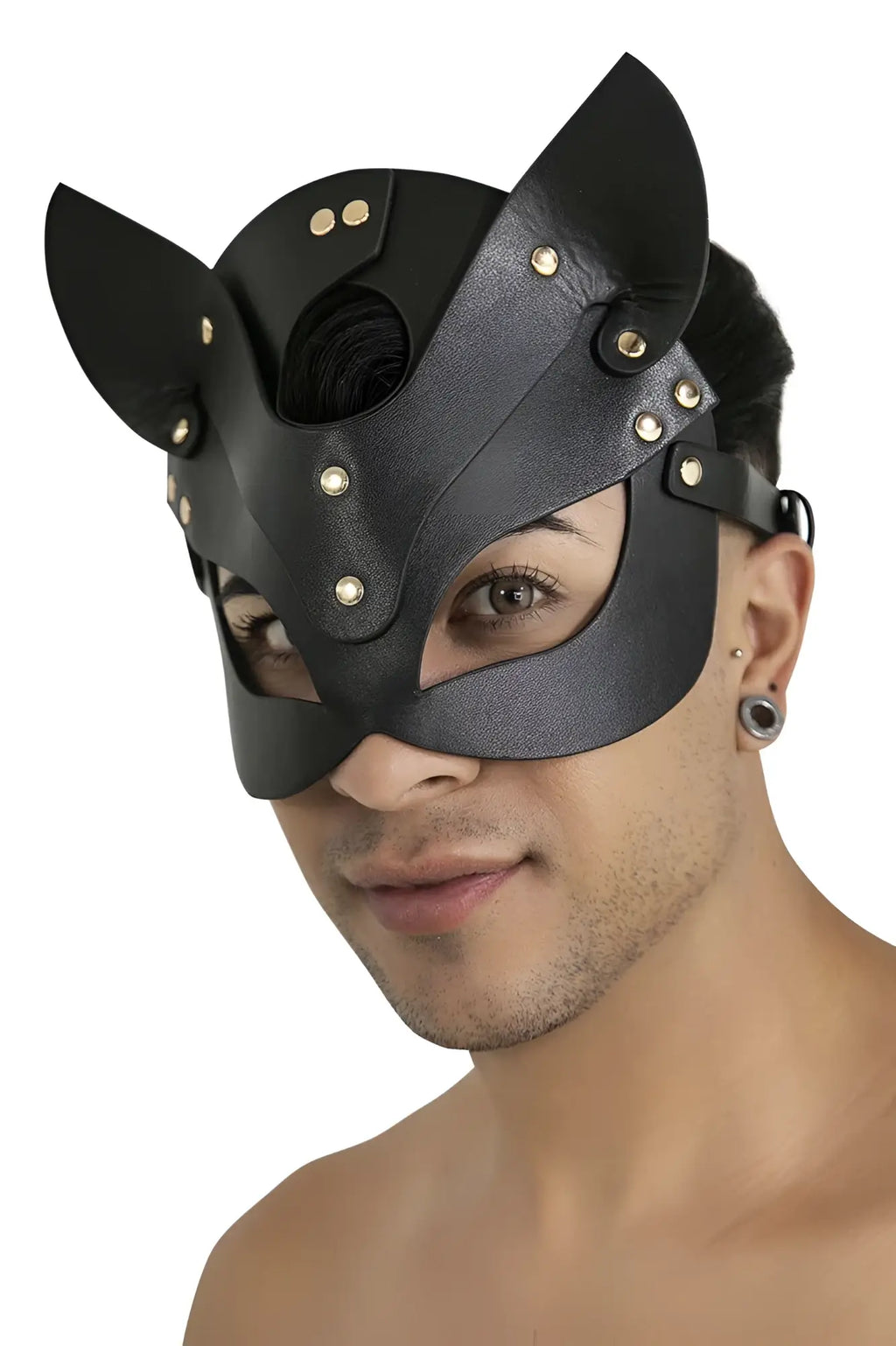Black leather cat mask CandyMan 99965 with gold-tone studs and adjustable straps in black color