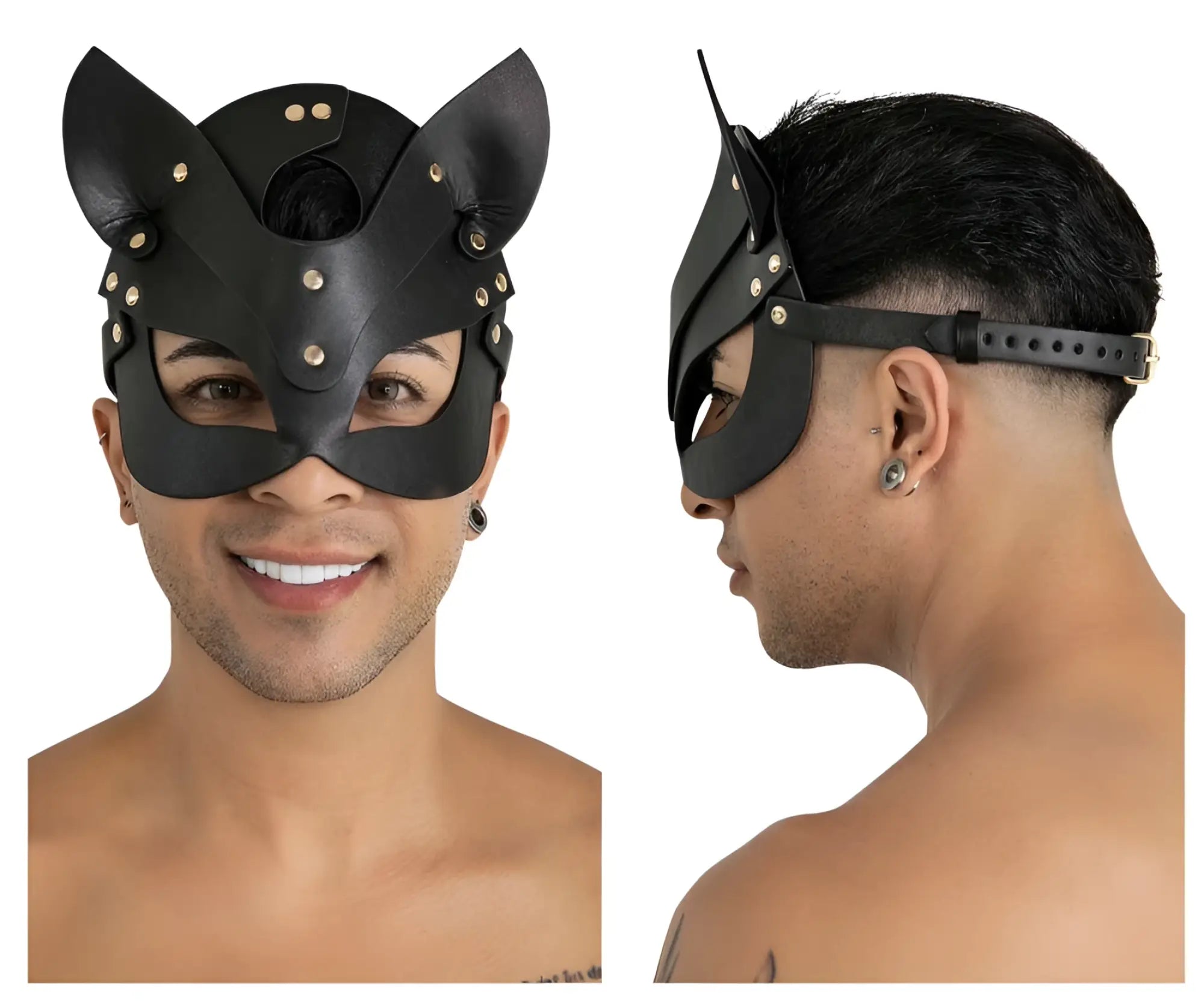 Black leather cat mask with gold-toned studs and adjustable strap candyMan 99965 eye mask color black