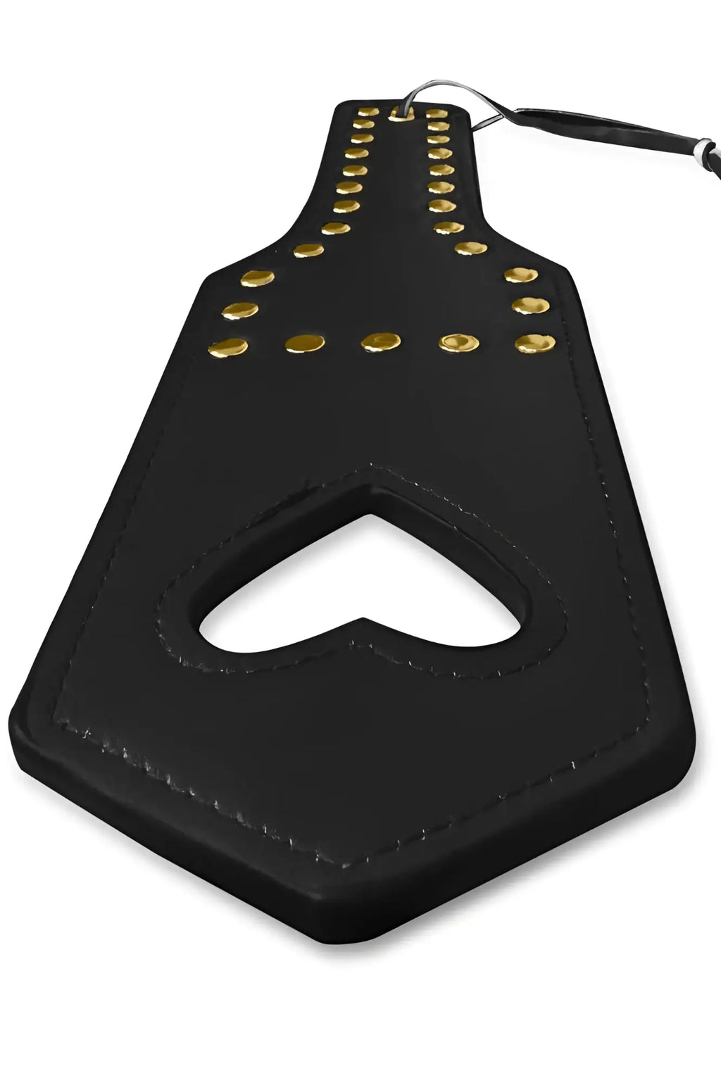 Black leather heart shaped paddle with gold tone studs and black handle candyMan 99966 spanker color black