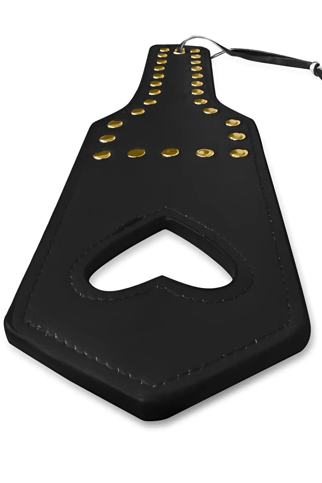 Black leather heart shaped paddle with gold tone studs and black handle candyMan 99966 spanker color black