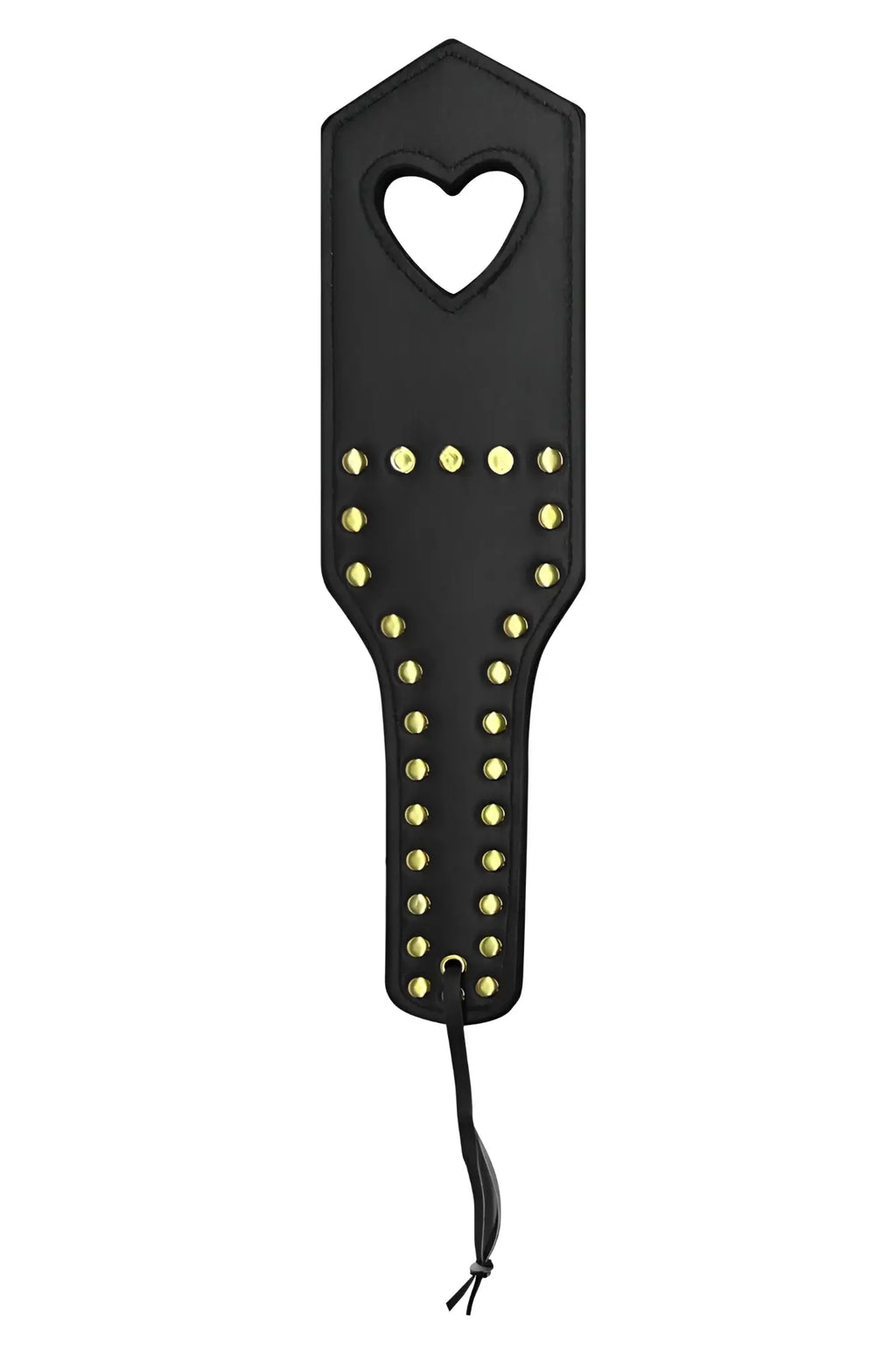 Black leather CandyMan 99966 spanker paddle with gold studs and heart-shaped cutout at the top