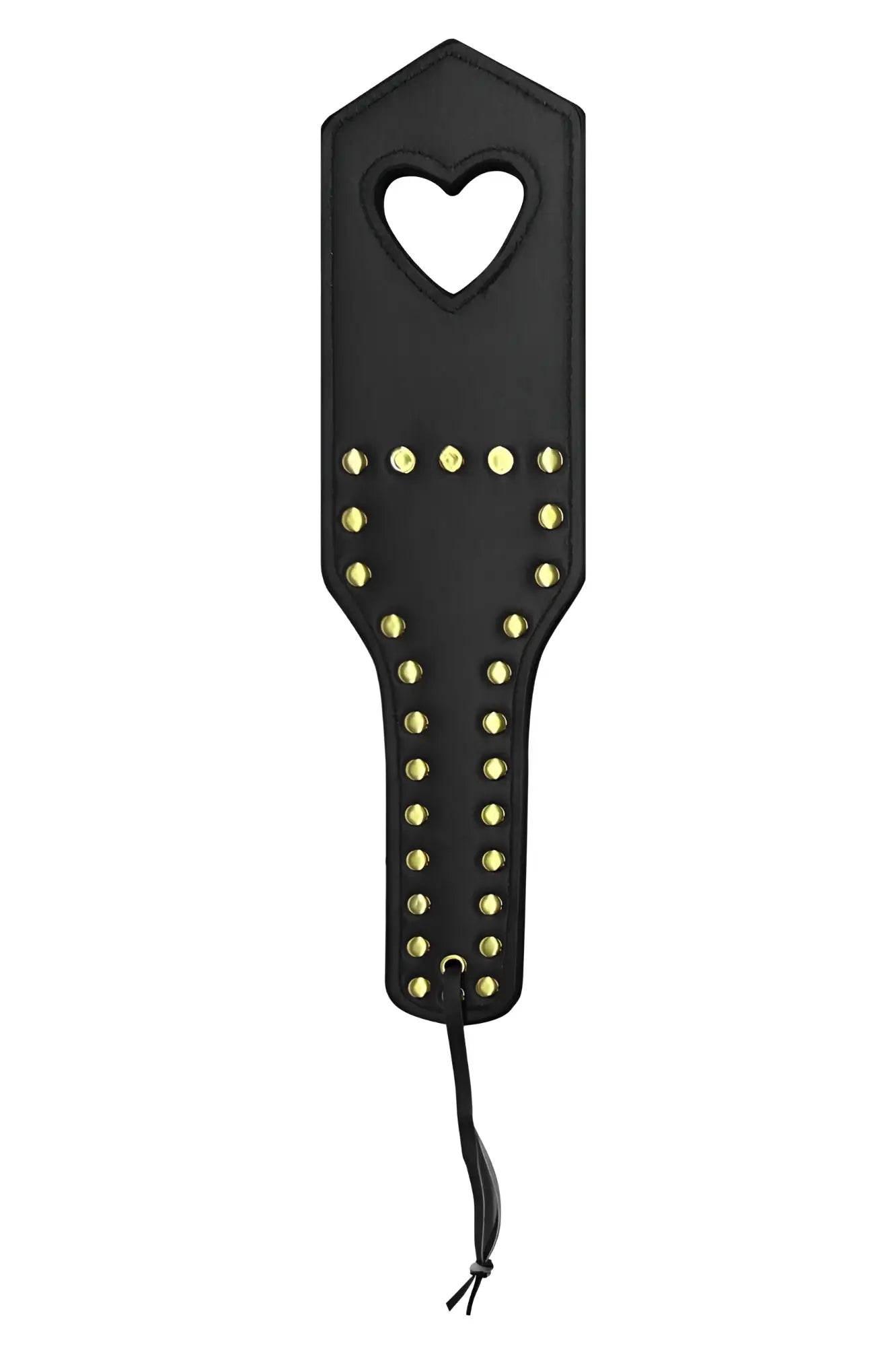 Black leather CandyMan 99966 spanker paddle with gold studs and heart-shaped cutout at the top