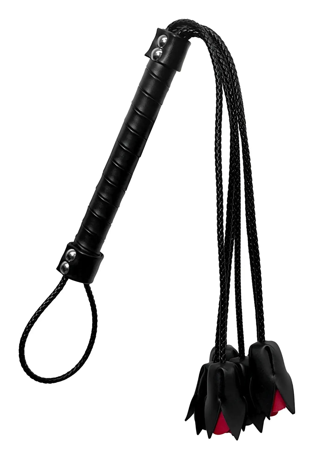 CandyMan 99967 rose whip black leather flogger with red inner lining and braided cord ends for impact play