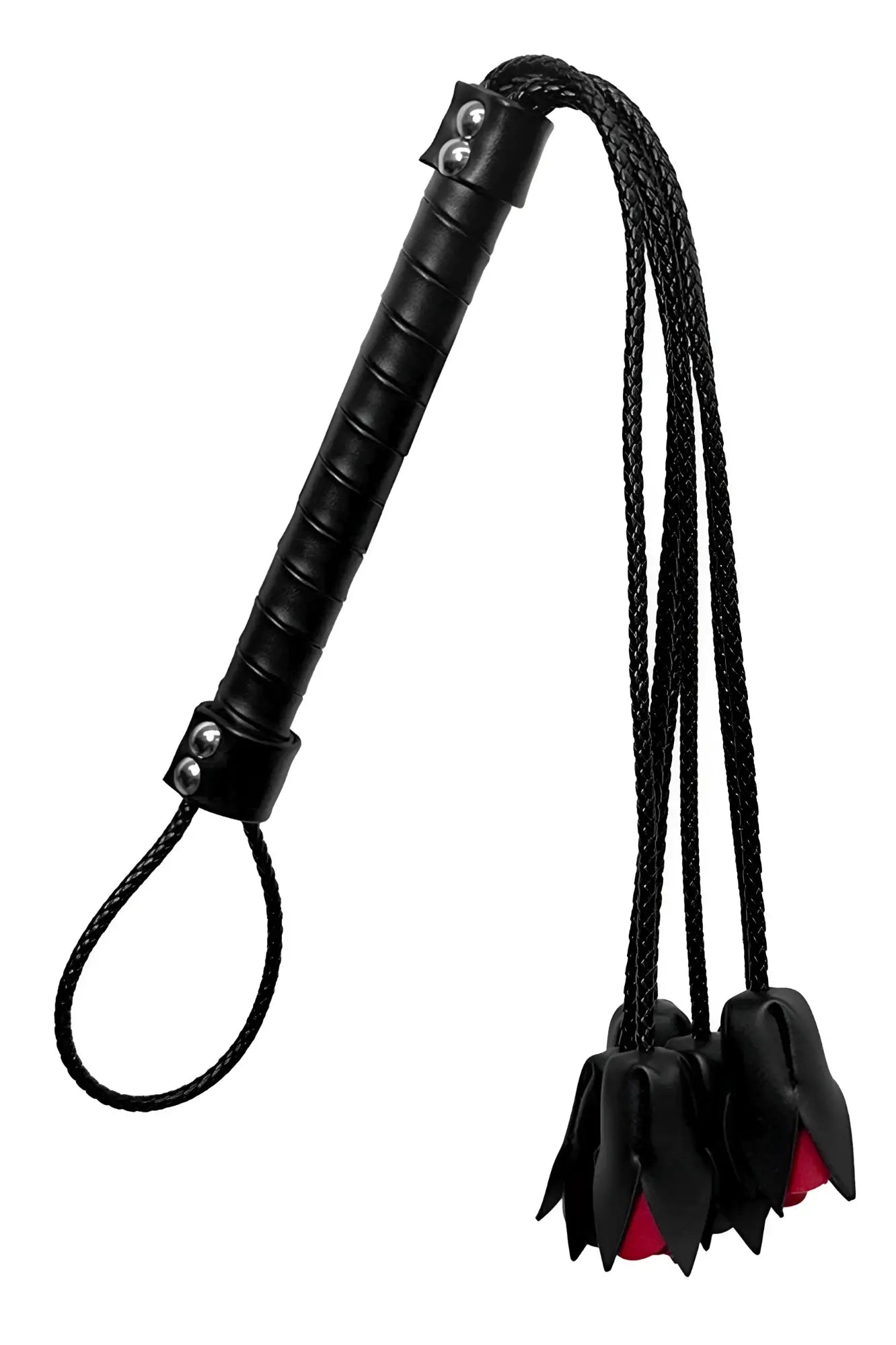 CandyMan 99967 rose whip black leather flogger with red inner lining and braided cord ends for impact play