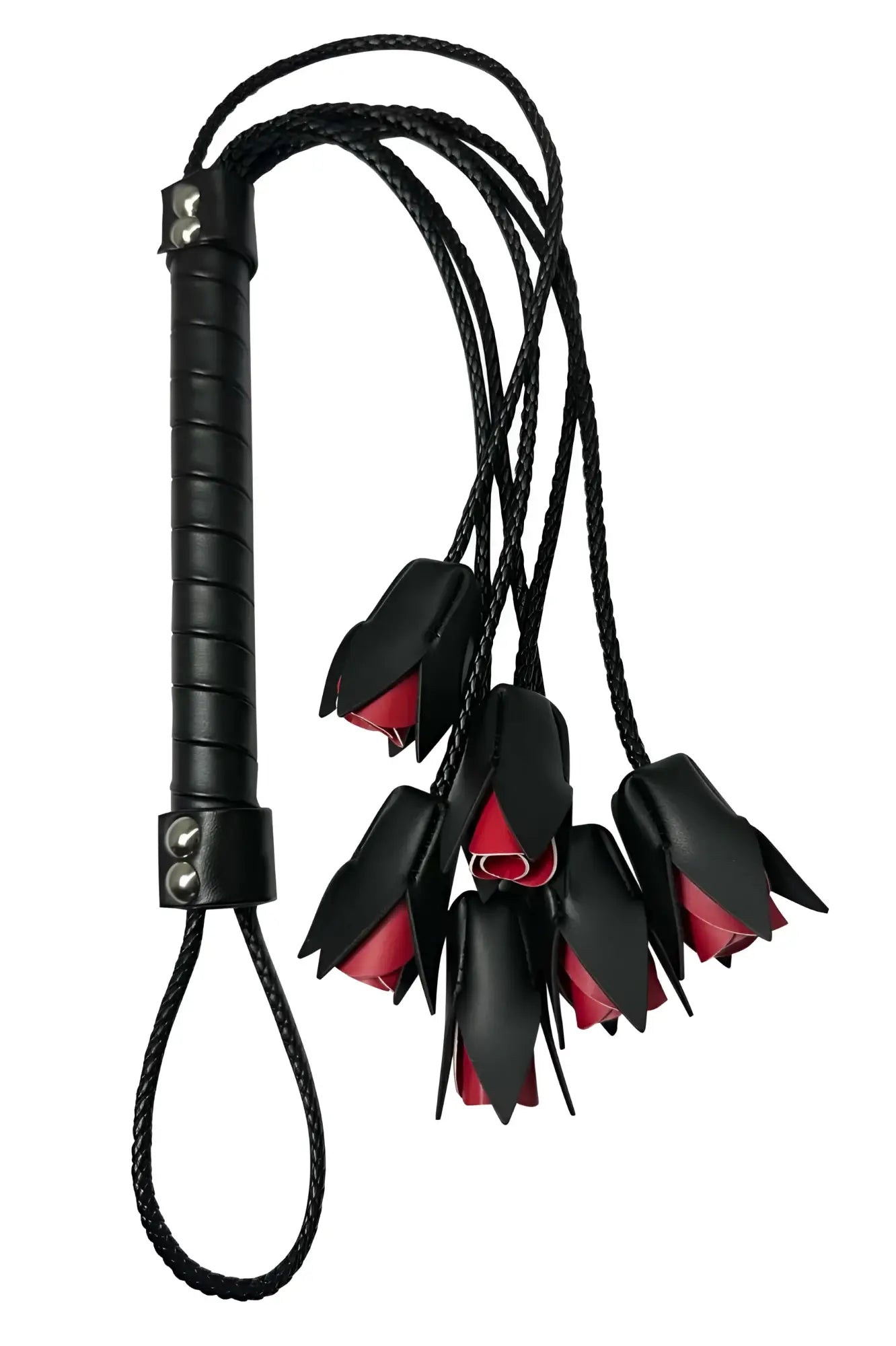 Black leather rose-shaped flogger with red inner lining and braided cord candyMan 99967 rose whip color black