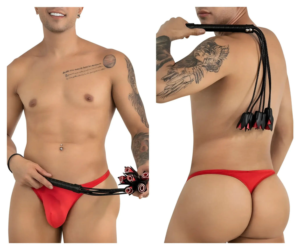 Red leather thong with black whip attachment candyMan 99967 rose whip color black shown from the back side