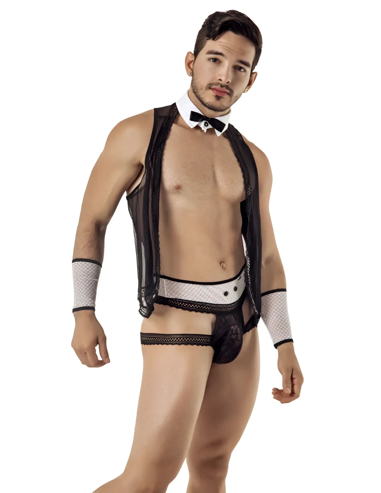 Black lace and mesh men’s barman costume set with white bow tie cuffs and waistband candyman lace outfit size m