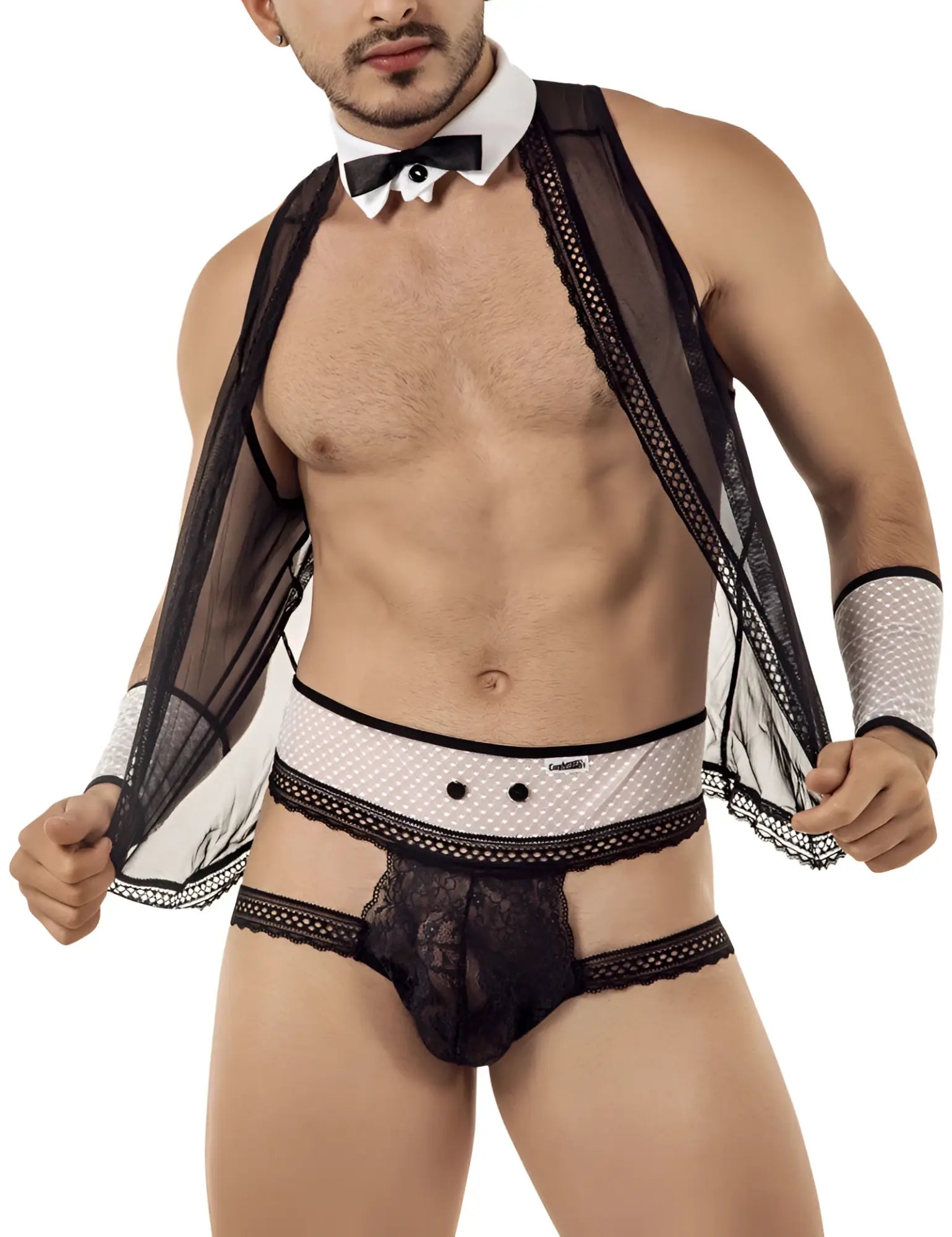 Black lace thong with white mesh waistband featuring black dots and matching sheer overlay candyman barman lace outfit size m
