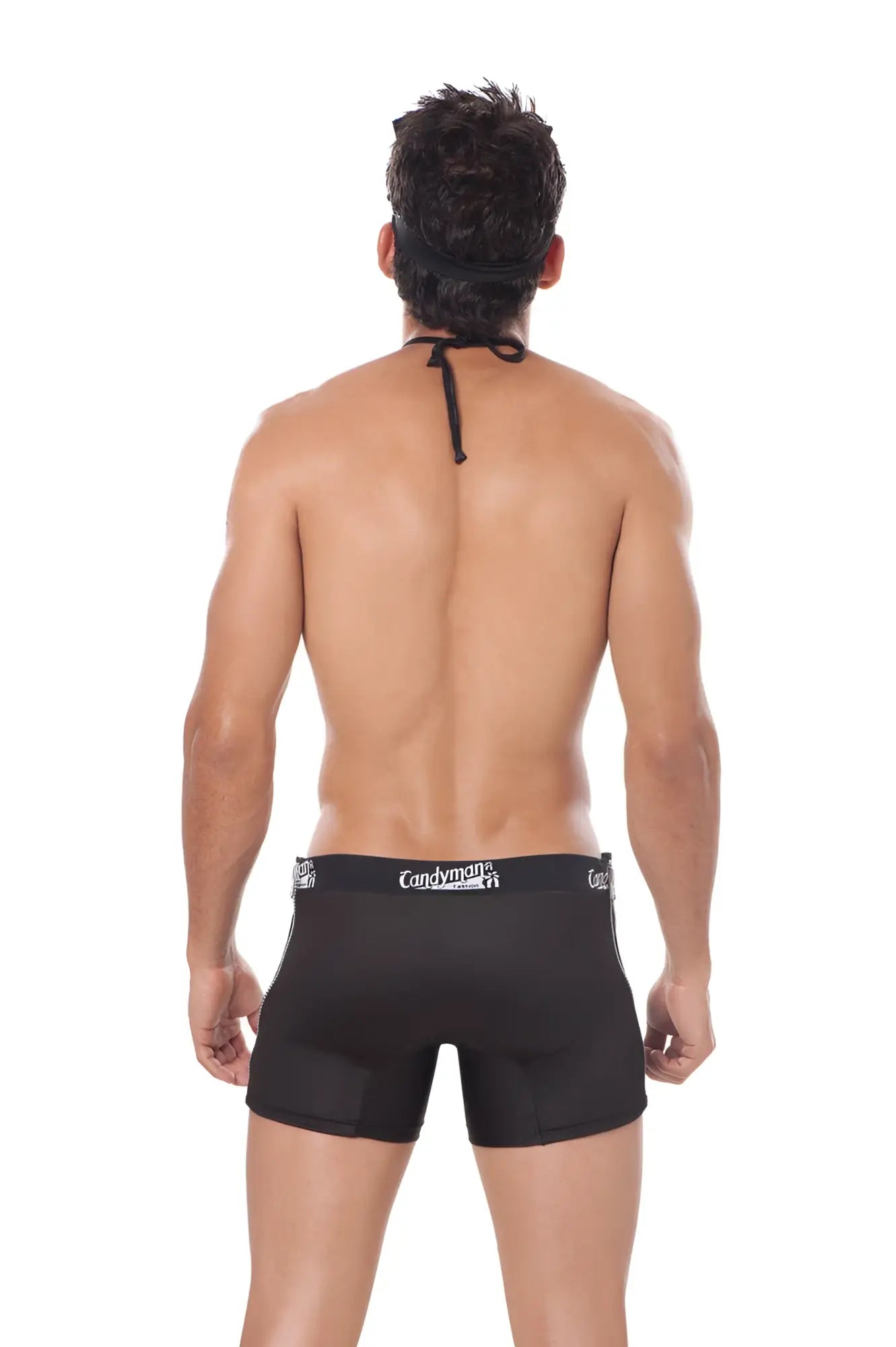 Black candyman brand briefs with tie-back design and elastic waistband for candyman costume sultry commander outfit size m back view