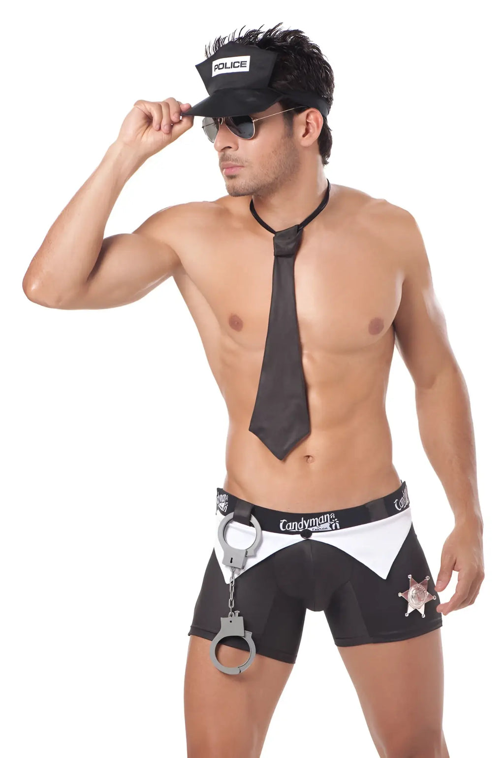 Black and white police-themed costume shorts with silver handcuff accessory candyman costume sultry commander size m