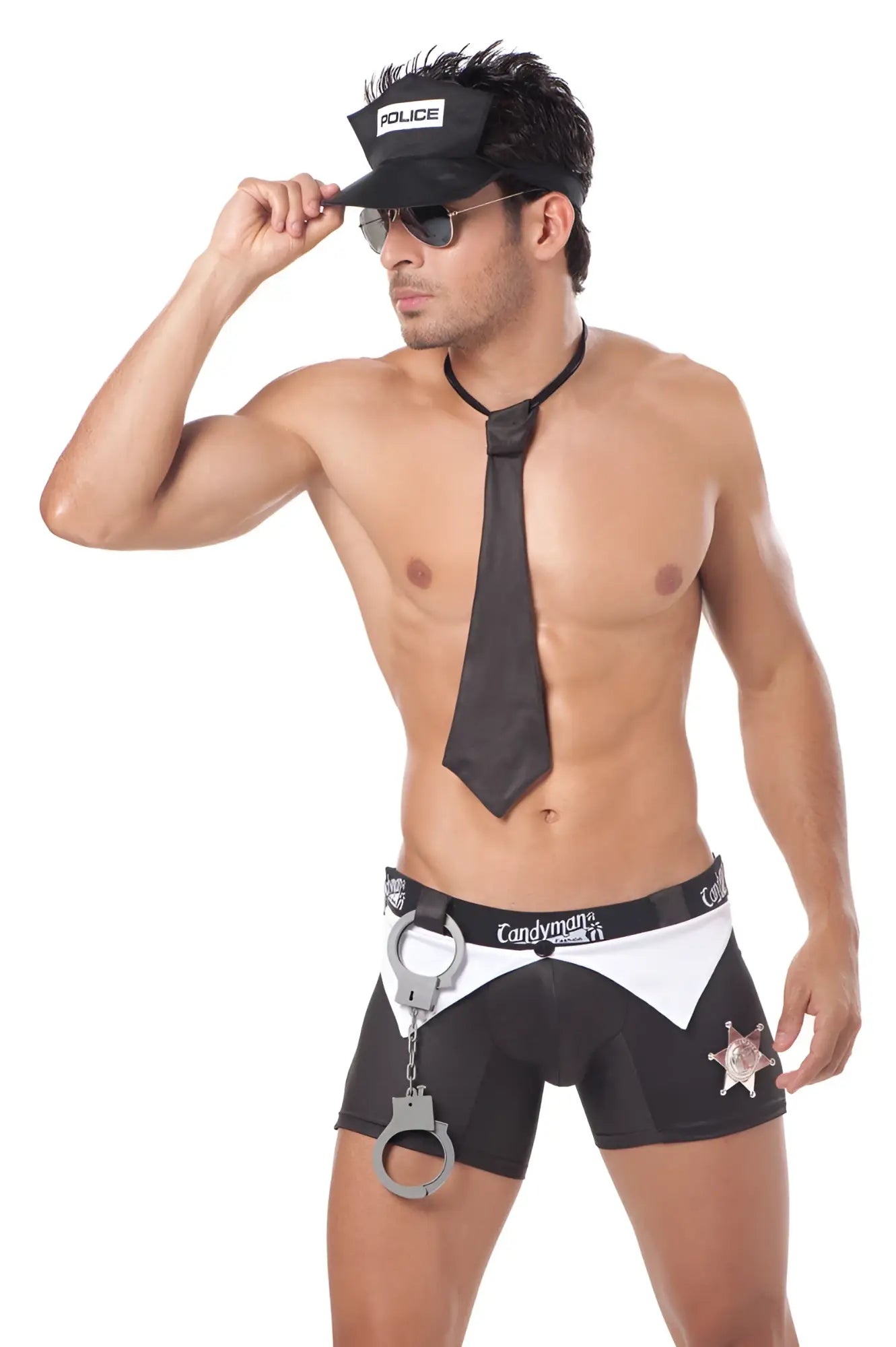 Black and white police-themed costume shorts with silver handcuff accessory candyman costume sultry commander size m