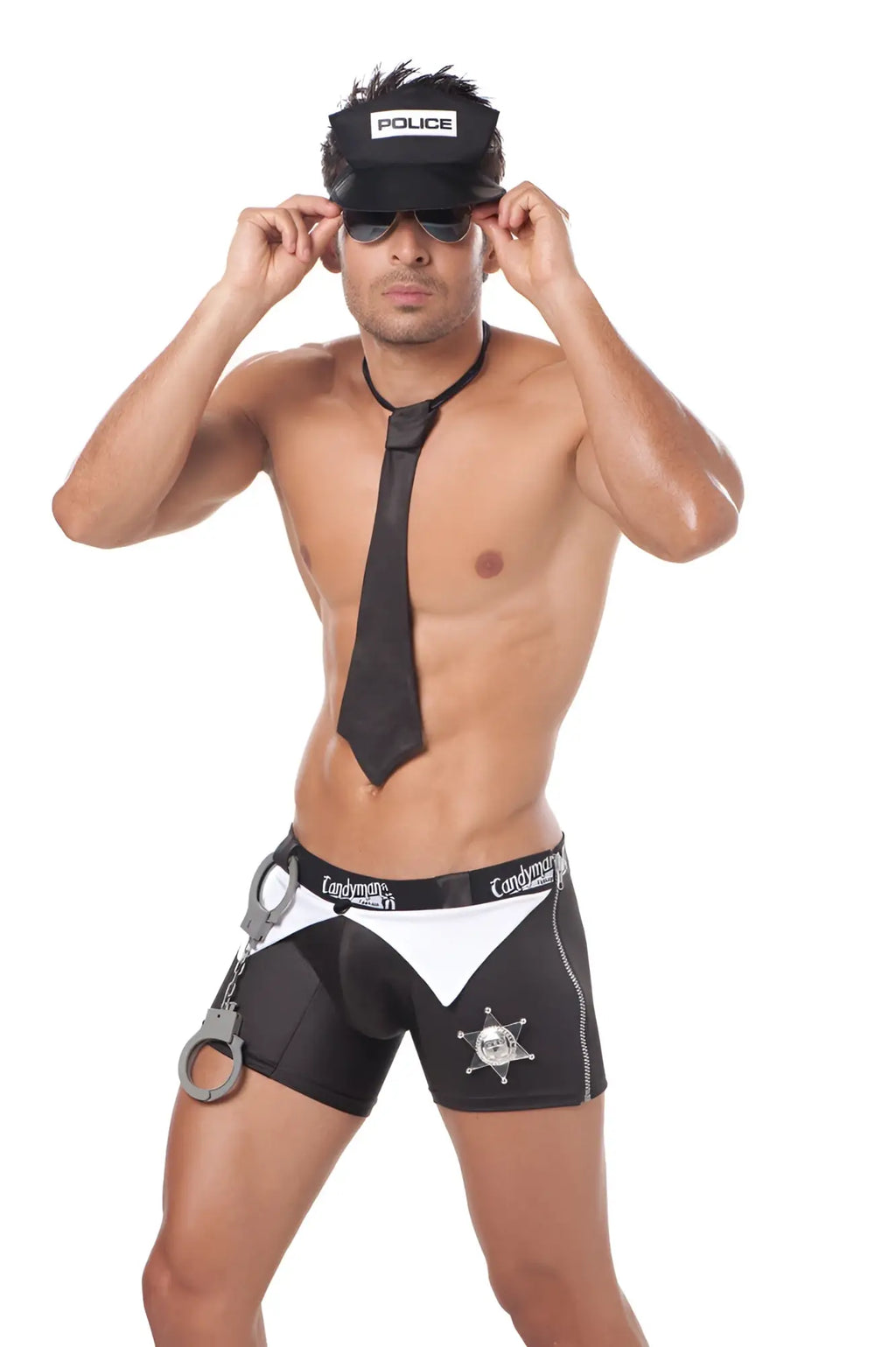 Black and white police-themed men’s costume briefs with star emblem handcuffs and candyman waistband size m