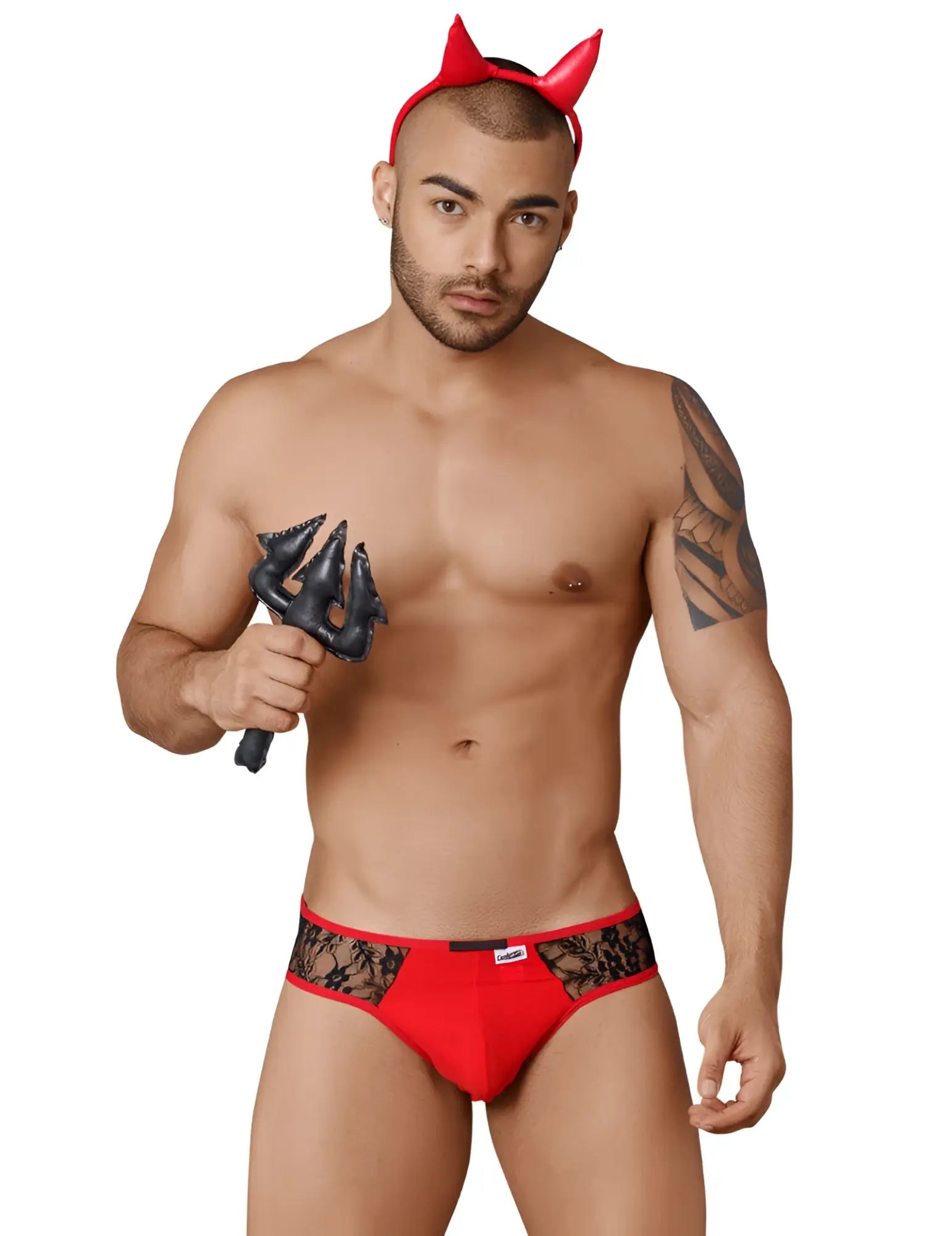 Red lace-trimmed men’s briefs with a black lace band from candyman devil outfit costume black red size m